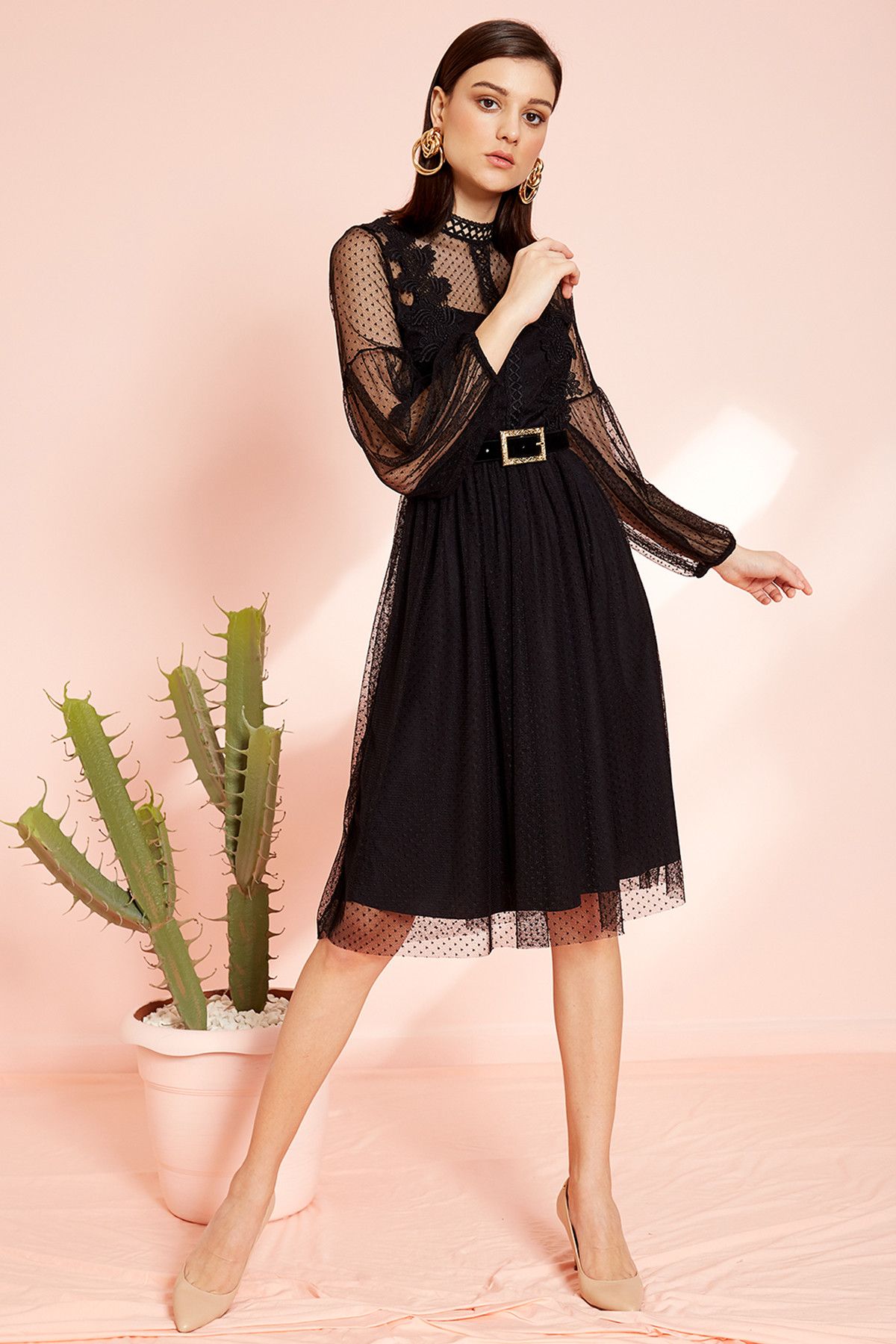 Eka Kadın Siyah Beli Lastikli Dantelli Elbise INT-0221-7896