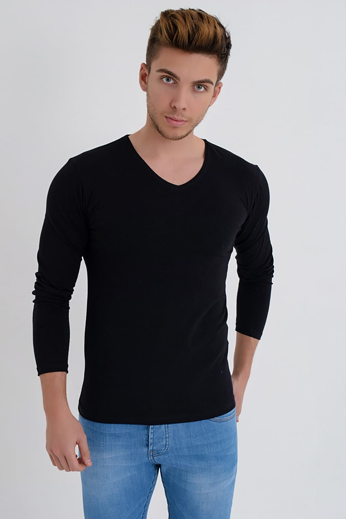 Dynamo Erkek Siyah Uzun Kol V Yaka Likralı Basic T-shirt