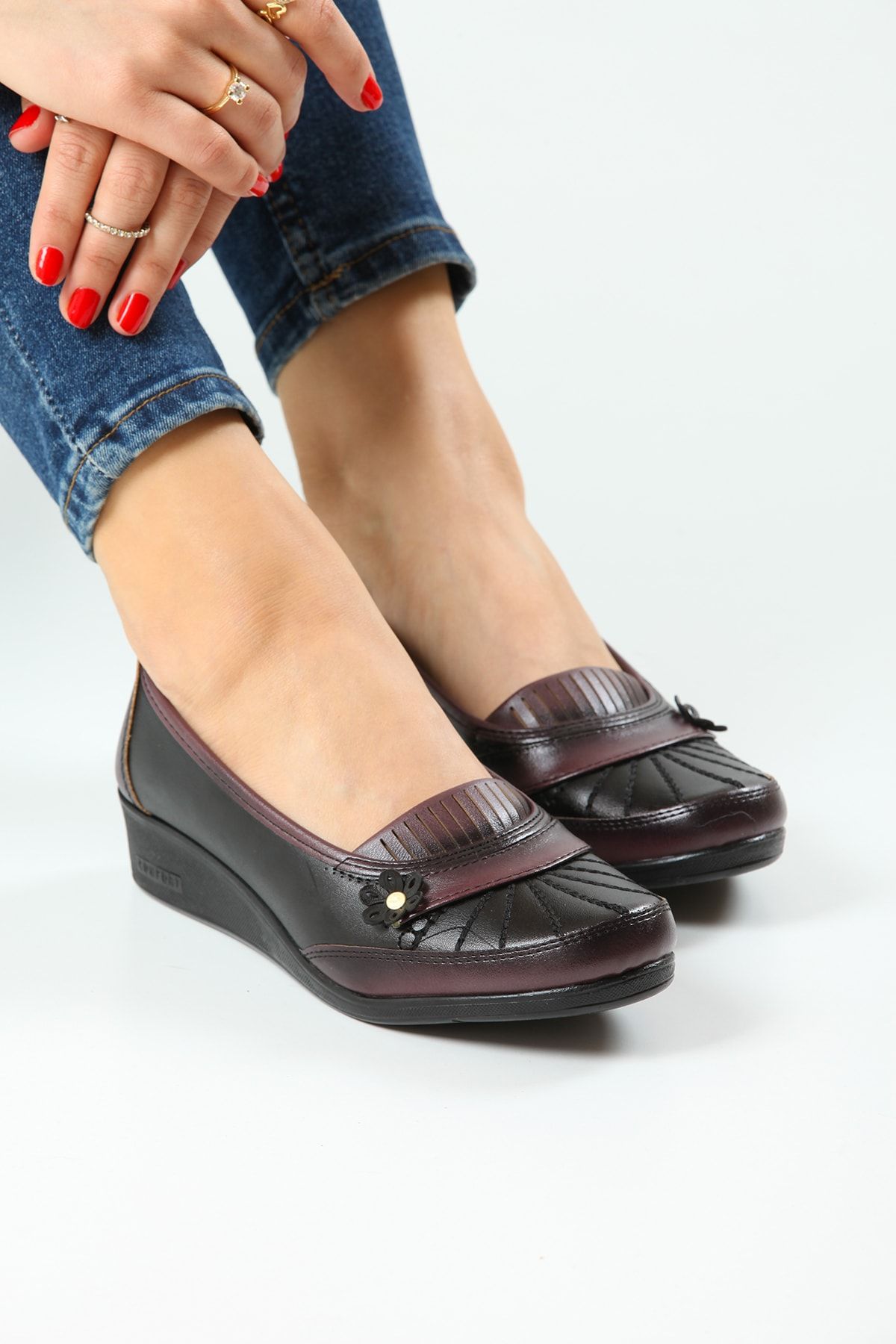 KAOF SHOES Kadın Bordo Renk Klasik Ayakkabı Ortopedik Anne Babet Ayakkabı Anne Ayakkabısı Kadın Günlük Ayakkabı