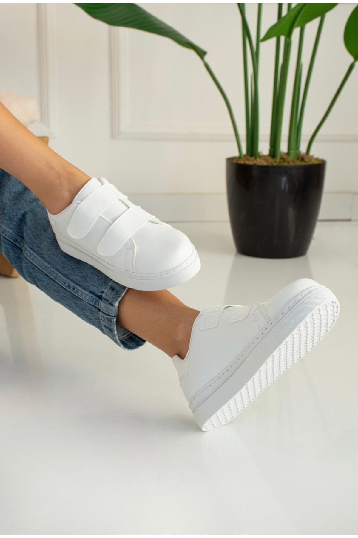 NESEM Shoes Kadın Beyaz Cırtcırtlı Spor Ayakkabı