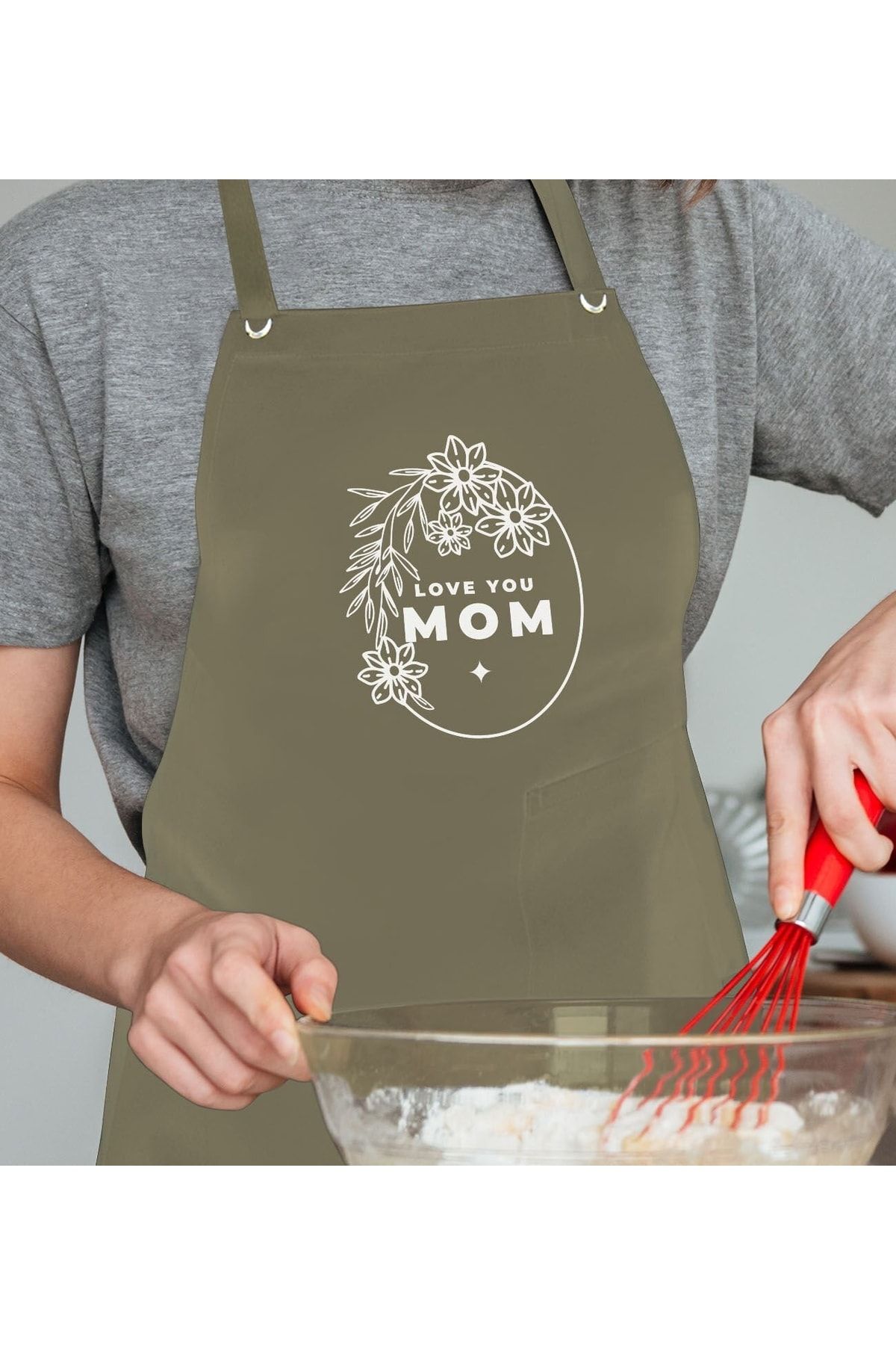 Bk Gift Profesyonel Anneler Günü Tasarımlı Haki Mutfak Önlüğü, Aşçı Önlüğü, Şef Önlüğü, Ev Hediyesi,