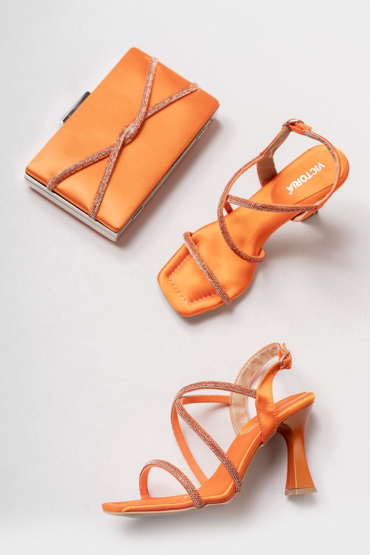 lmn ayakkabı Orange Saten 5mm.süngerli Ortopedik Taban Çapraz Taşlı Bilekten Tokalı Kadın Ayakkabı