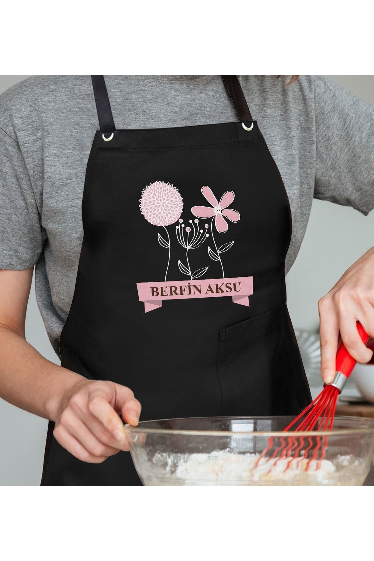 Bk Gift Kişiye Özel İsimli Anneler Günü Tasarımlı Profesyonel Siyah Mutfak Önlüğü