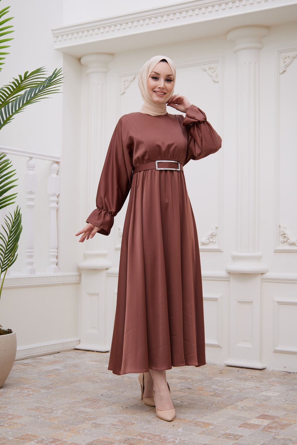 She Olive Zara Saten Tesettür Elbise-kahve