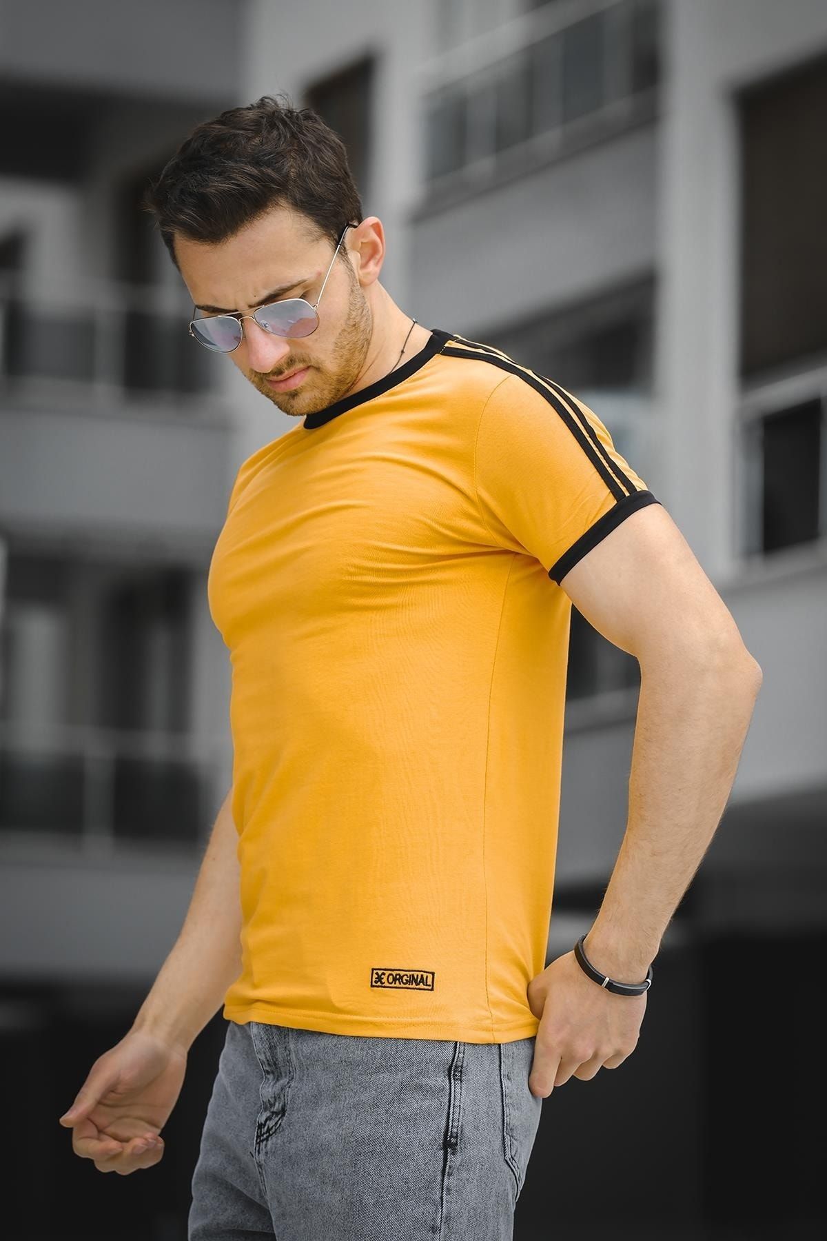 Oksit Marselon Kolu Şeritli Yakası Biyeli Slim Fit Likralı Erkek Tshirt