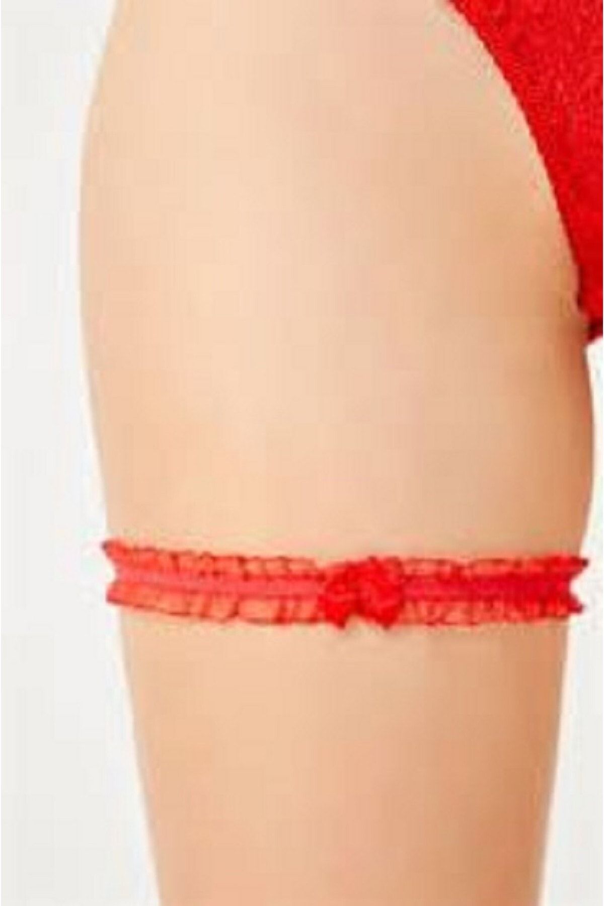 NOTTE AMORE Kadın Kırmızı Seksi Tül Fırfırlı Kurdeleli Tatlı Bacak Aksesuarı