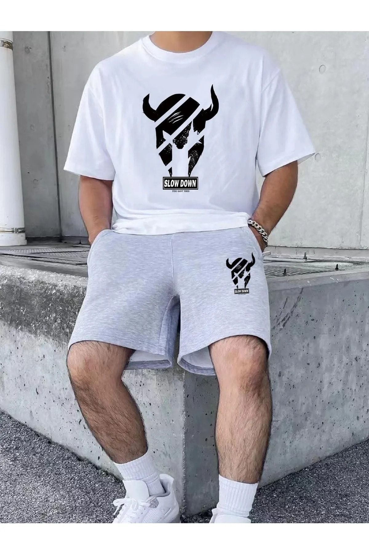 MODARİCH Slow Down Beyaz T-shirt Gri Şort - Şortlu Tişört Alt Üst Takım Baskılı Oversize Bisiklet Yaka
