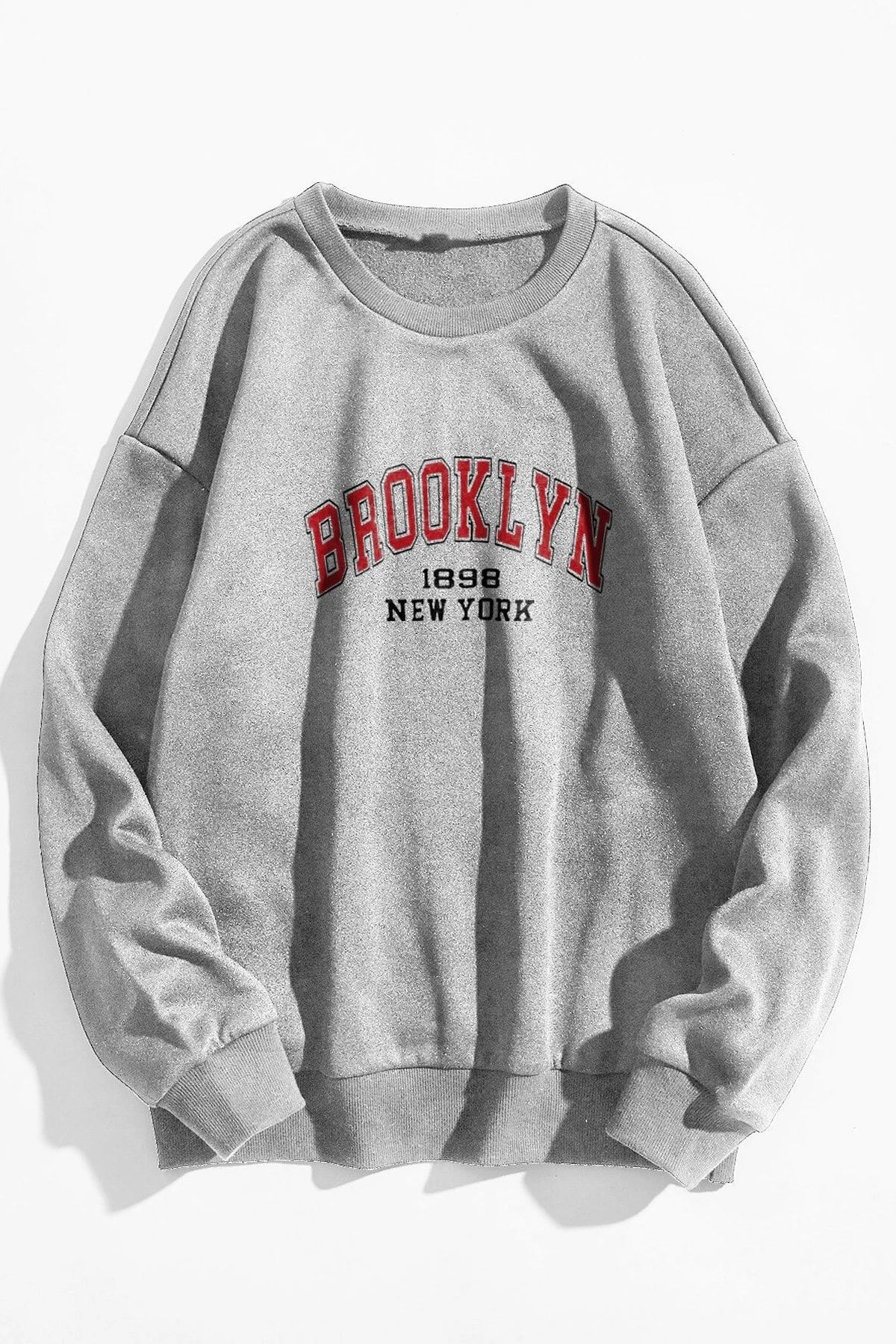 MODAGEN Unisex Gri Oversize Kırmızı Brooklyn Baskılı Sweatshirt