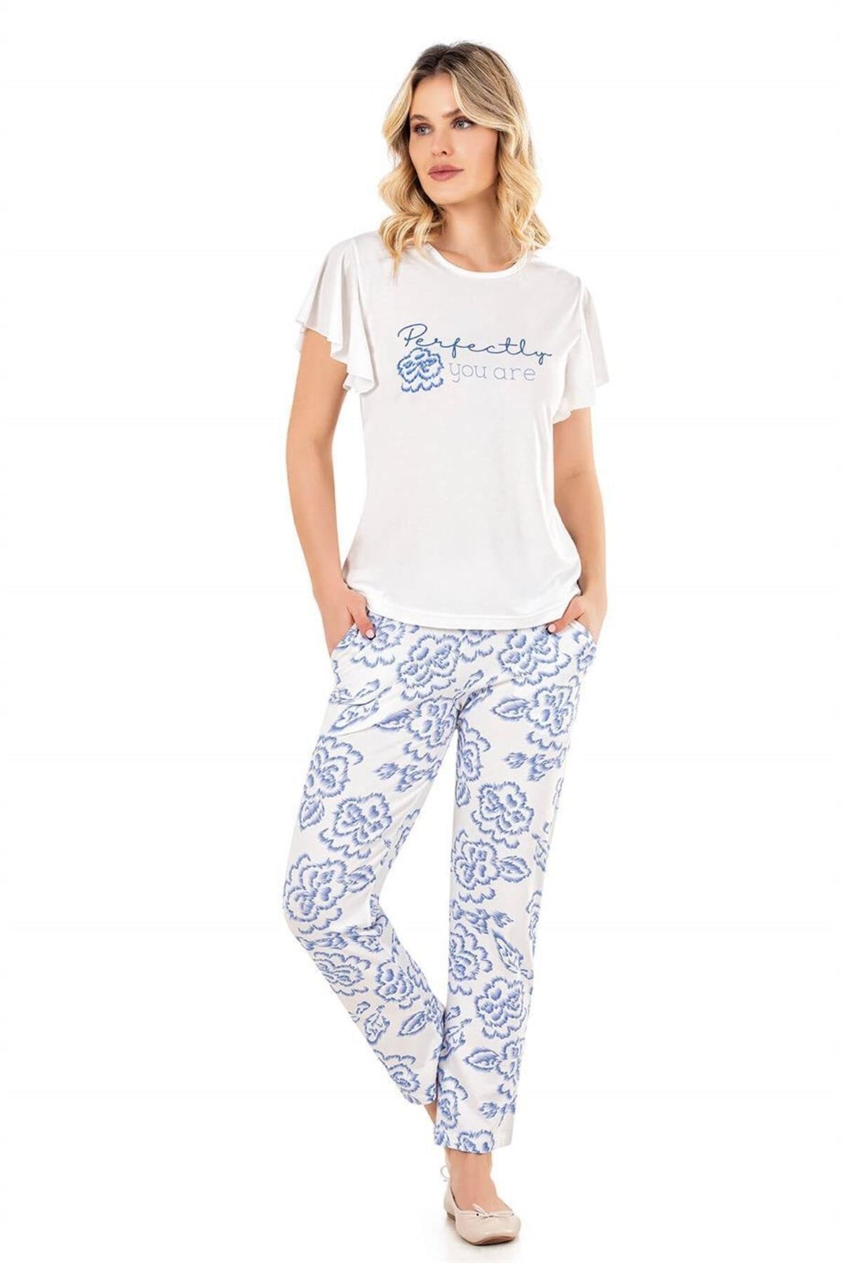 Flz Pijama Kadın Yazlık Moda Pamuk Kısa Kol Perfectly Baskılı Pijama Takımı Homewear 88-42