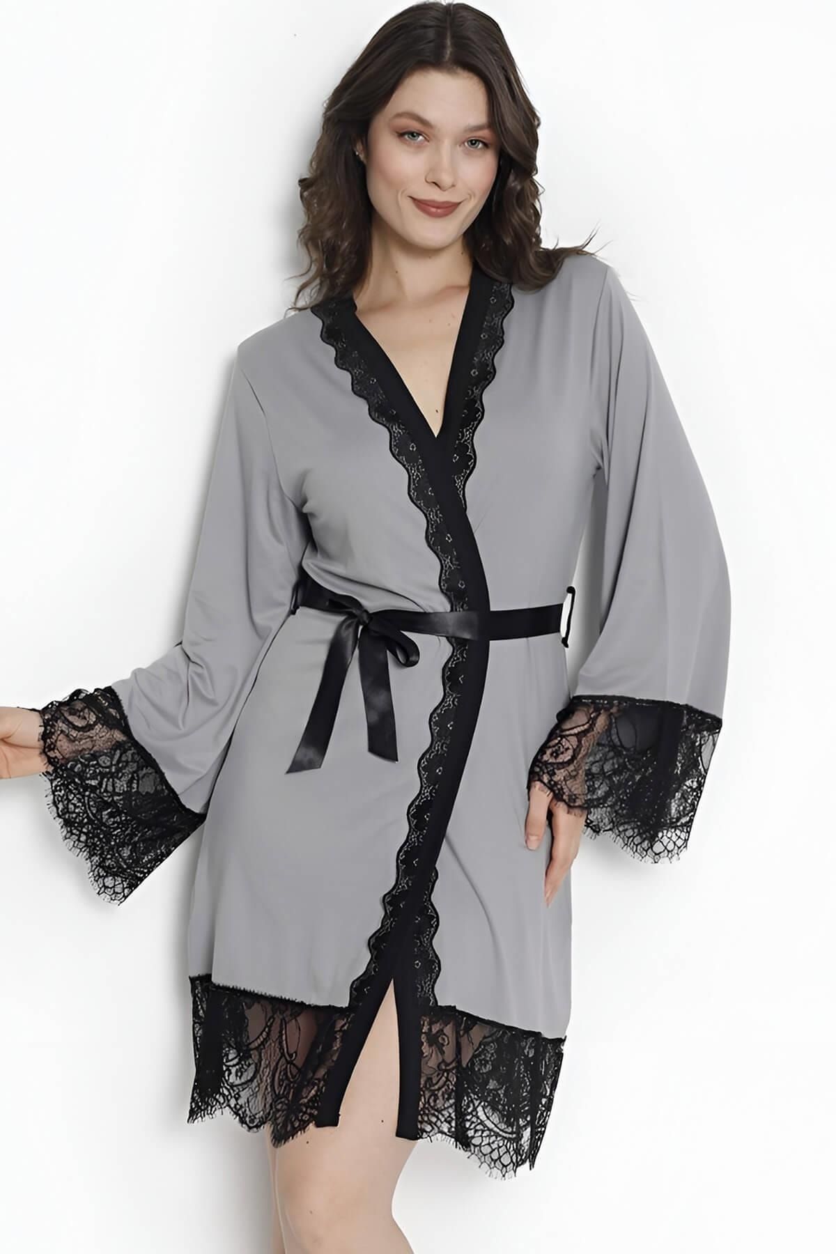 Pijamaevi Gri Milan Dantel Detaylı Örme Bambu Kadın Sabahlık