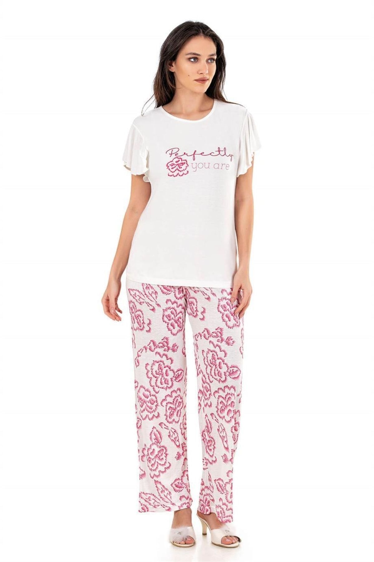 Flz Pijama Kadın Yazlık Moda Pamuk Kısa Kol Perfectly Baskılı Pijama Takımı Homewear 88-42