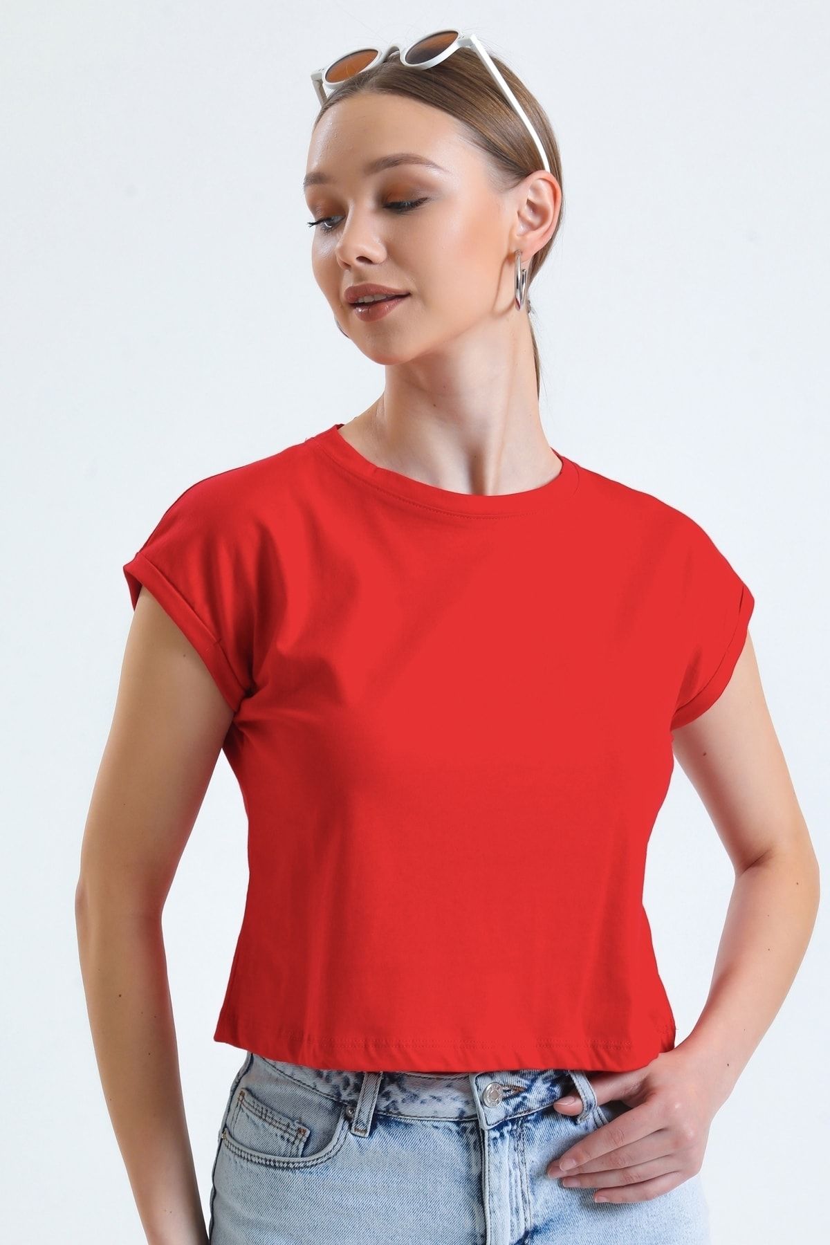 MD trend Kadın Kırmızı Bisiklet Yaka Yarasa Kollu Basic Crop Tişört