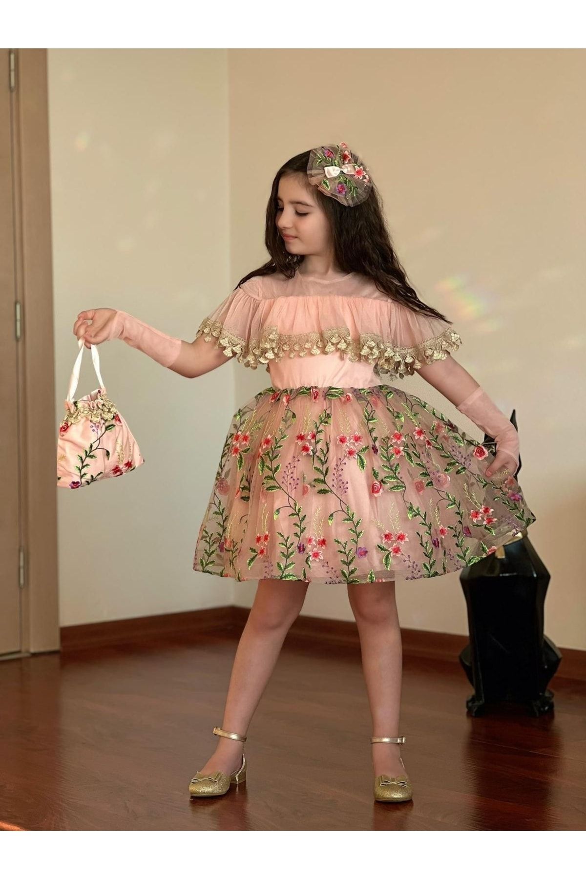 Sare Çocuk Giyim Kız Çocuk Çiçek Güpürlü Abiye Elbise, + Çanta Ve Toka Dahil