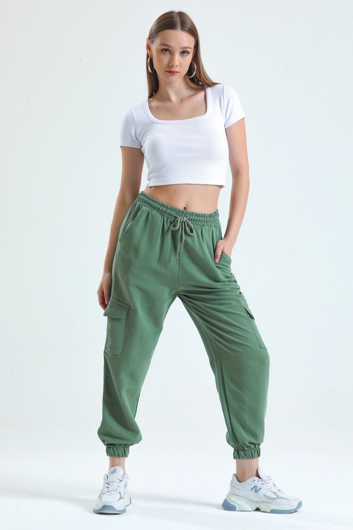 MD trend Kadın Mint Yeşil Kargo Cepli Bel Lastikli Bağcıklı Jogger Keten Pantolon