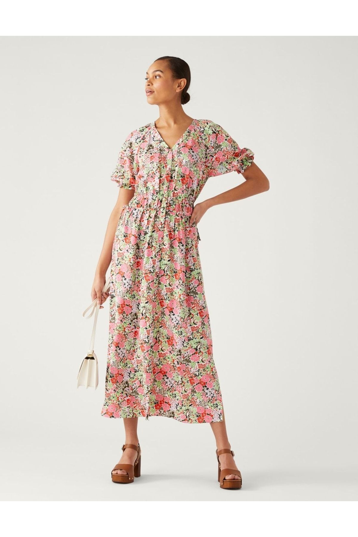 Marks & Spencer Çiçek Desenli Kısa Kollu Midi Elbise