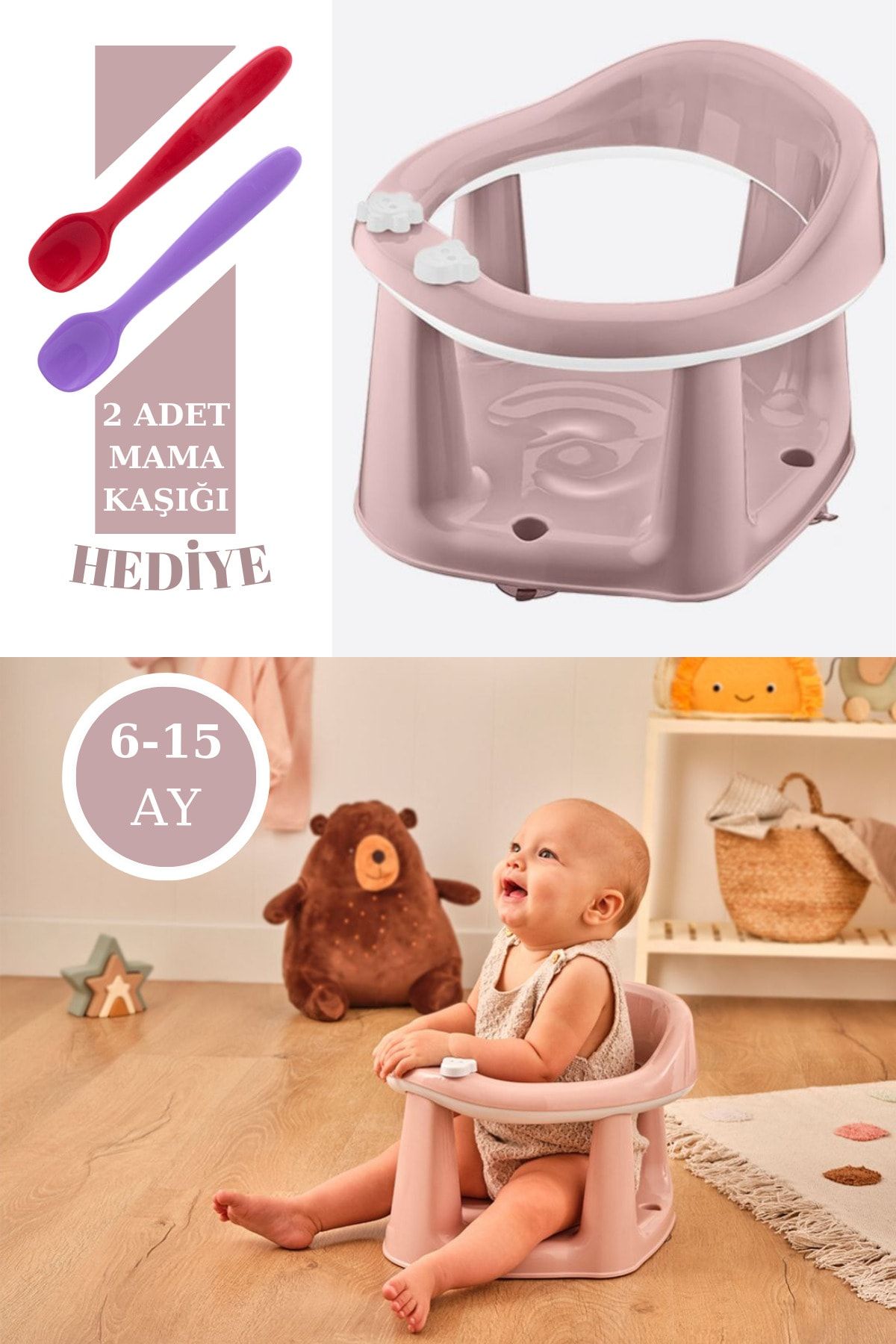 Flosoft Vakumlu Bebek Banyo & Mama Oturağı + Silicolife 2 Adet Silikon Mama Kaşığı Hediye
