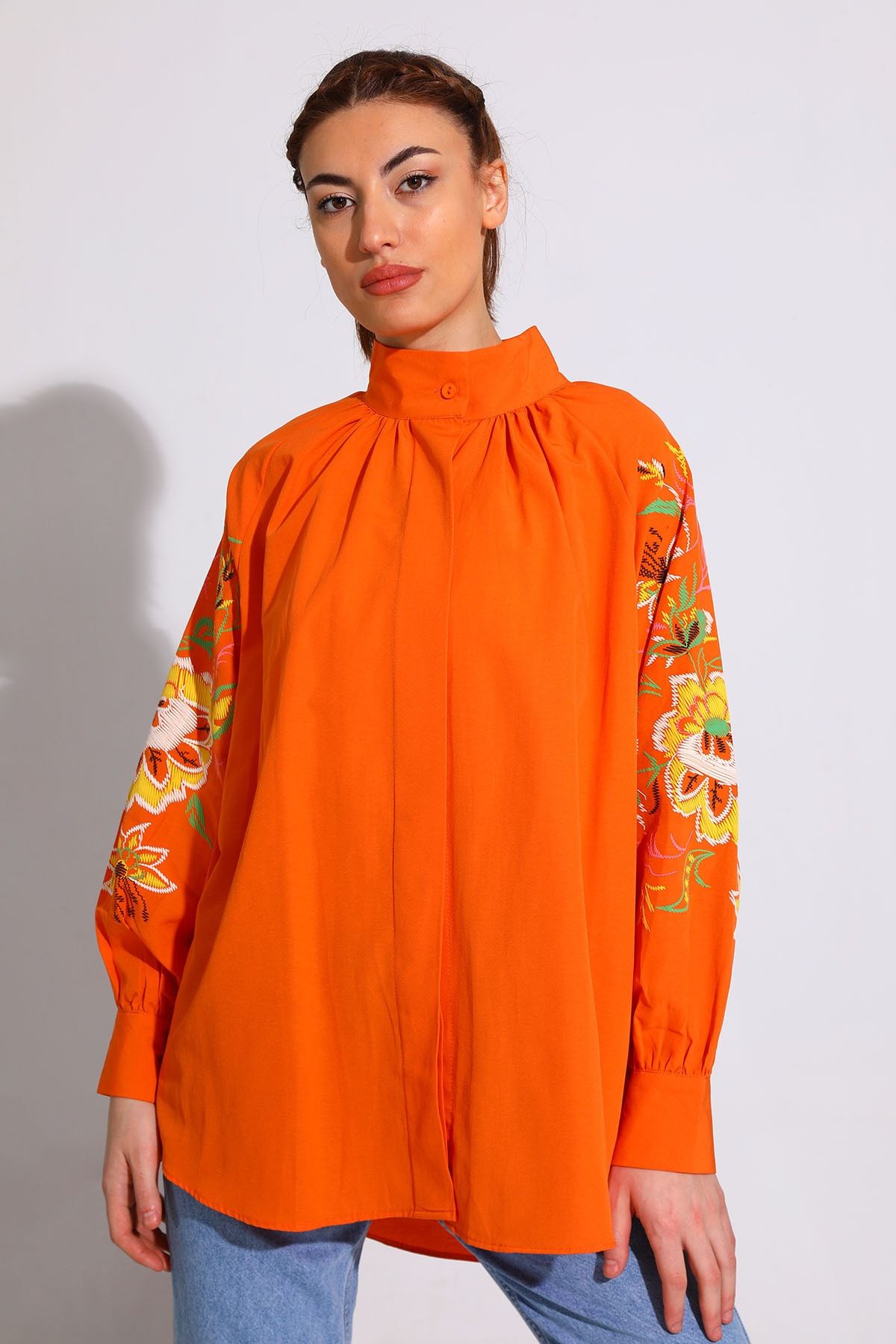 Julude Orange Kadın Kol Ve Sırt Baskı Detaylı Salaş Gömlek