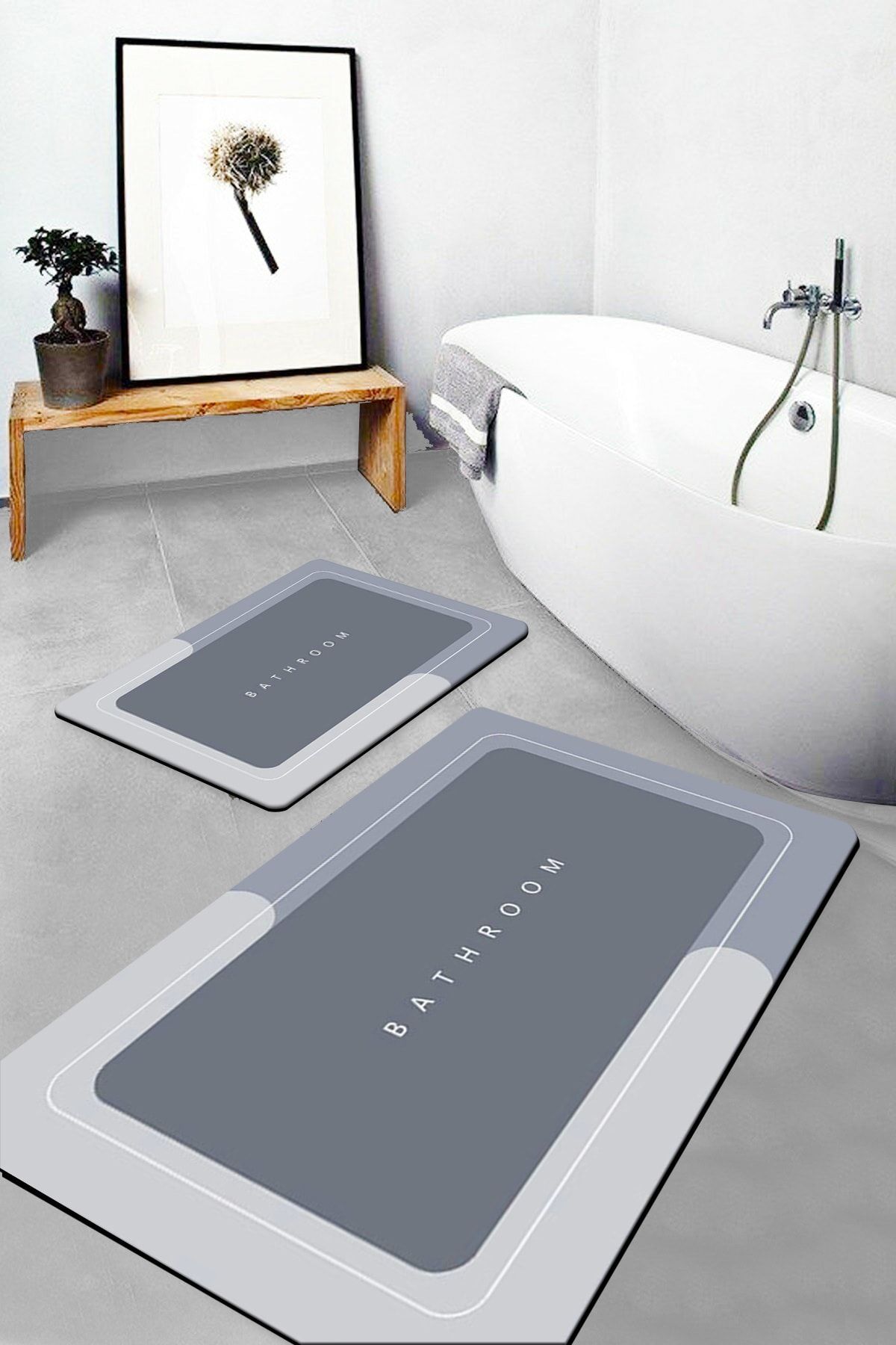 Else Halı Else Gri Bathroom Yazılı Desenli Yıkanabilir Kaymaz Taban 2li Banyo Halısı Paspas Klozet Takımı