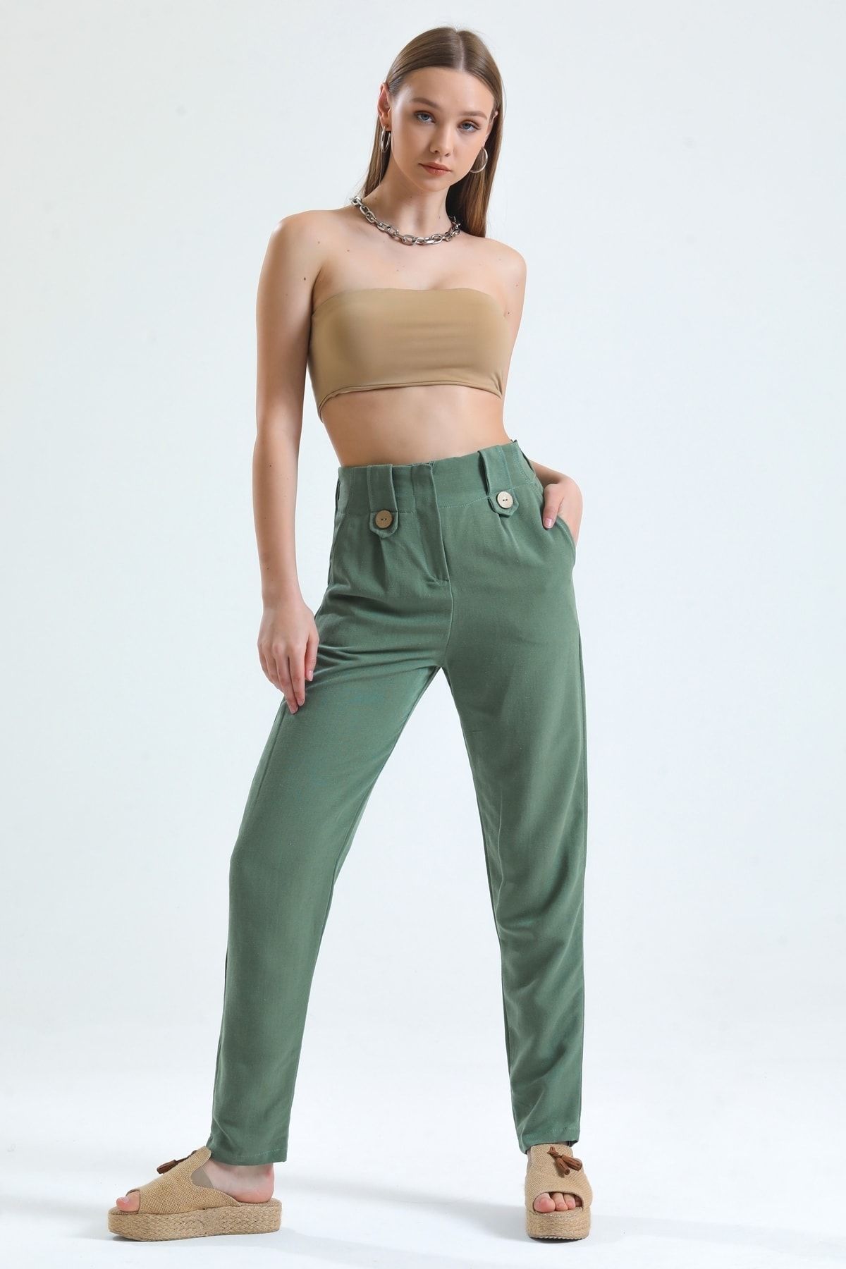 MD trend Kadın Mint Yeşil Yüksek Bel Önü Fermuar Kapamalı Bel Lastikli Keten Pantolon