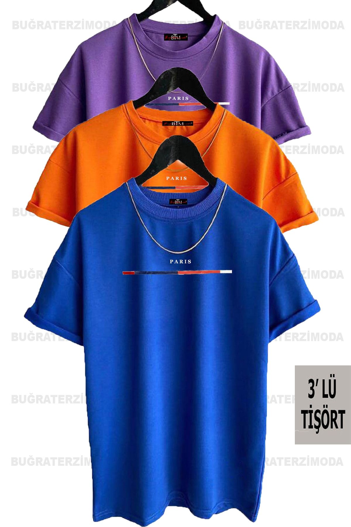 Buğraterzimoda Unisex Ince Çizgili Paris Baskılı Bol Kalıp (mor-turuncu-saks Mavisi) Oversize 3'lü T-shirt
