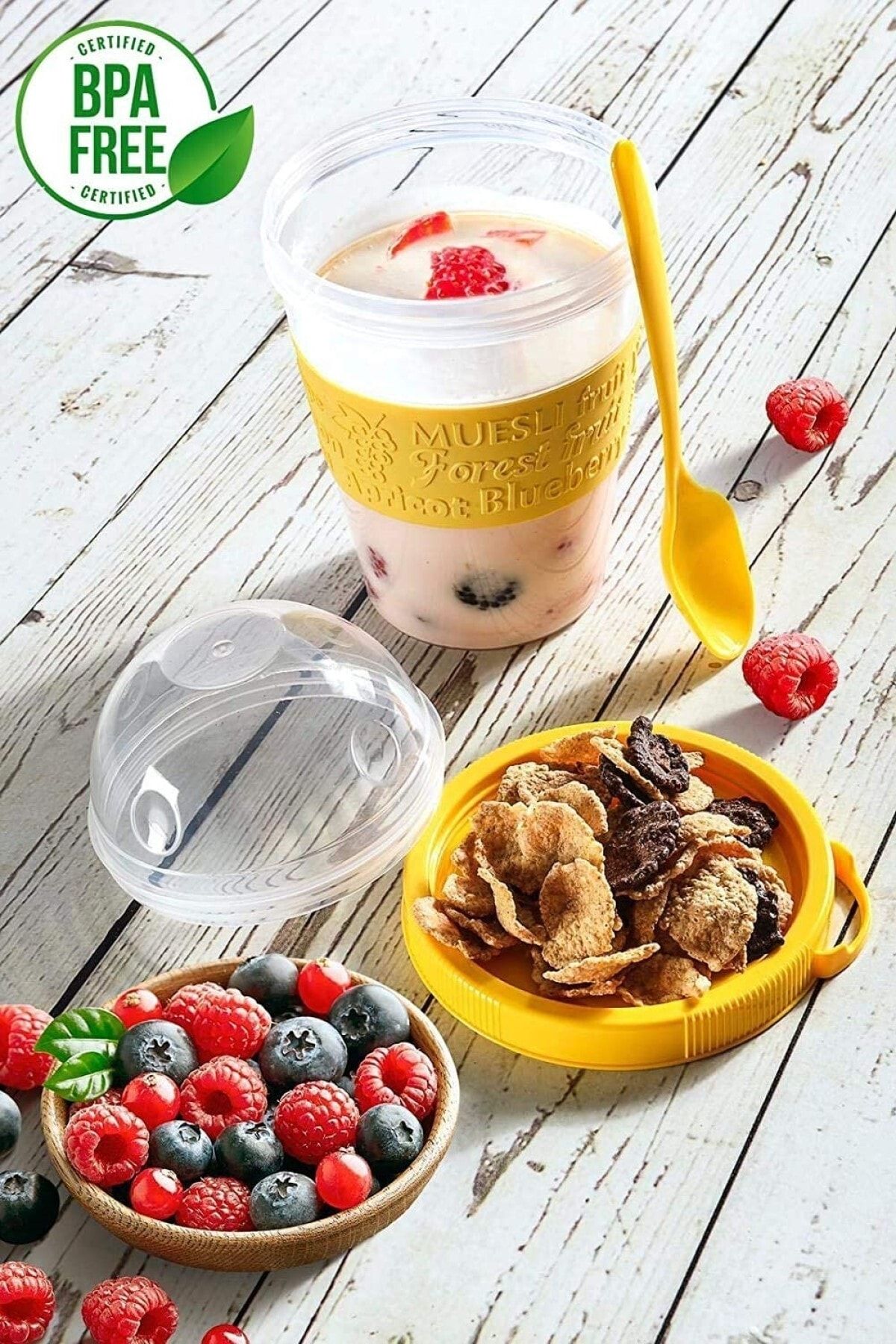 MasterCar Sarı 600ml Kaşıklı Diyet Bardağı Taşınabilir Yemek Saklama Kabı Piknik Seti Müsli Bardağı Mama Kabı