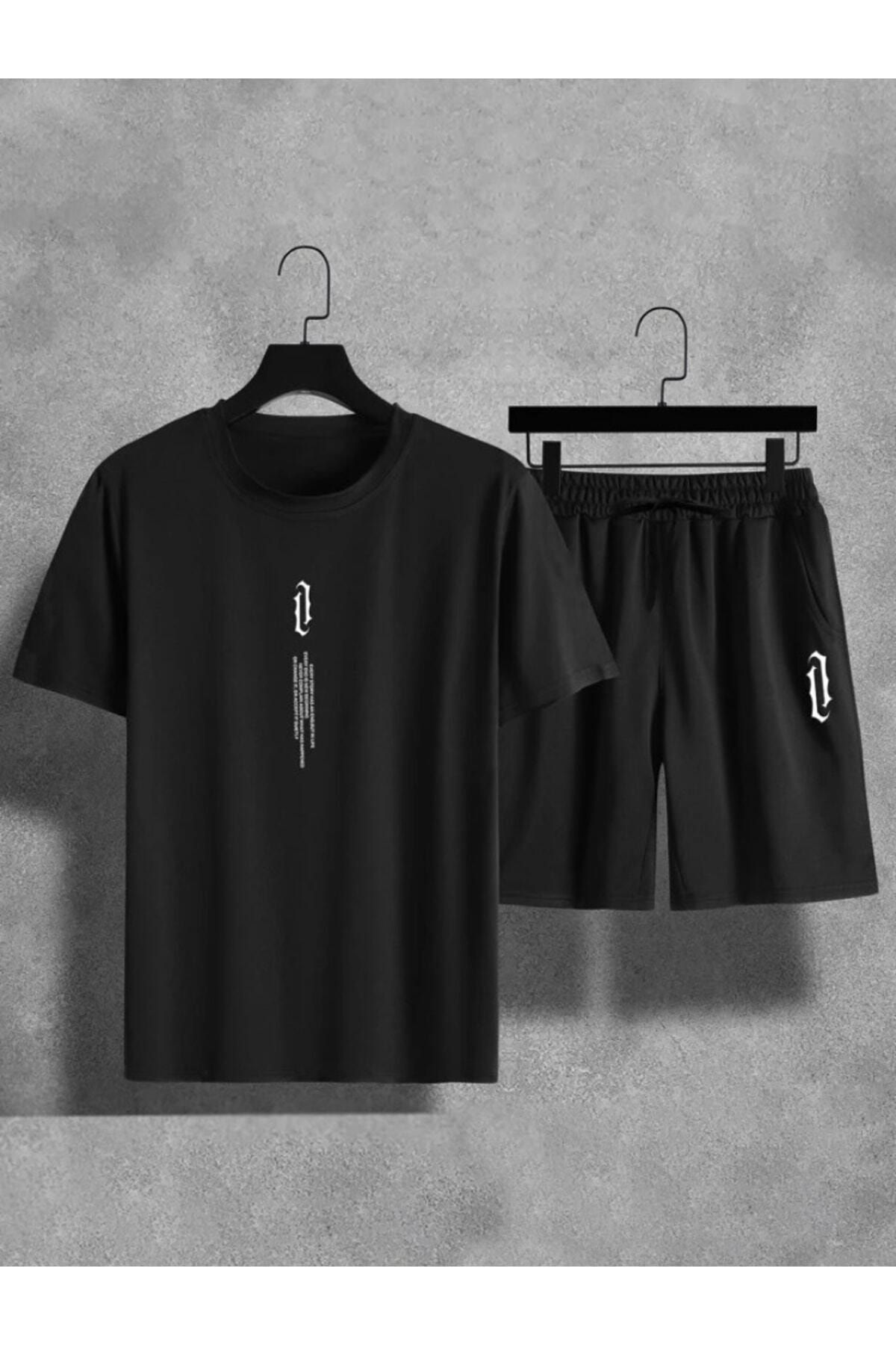 SANTAMİNA Unisex Siyah Göğüs Dikey Baskılı Alt Üst Şortşort T-shirt Takım