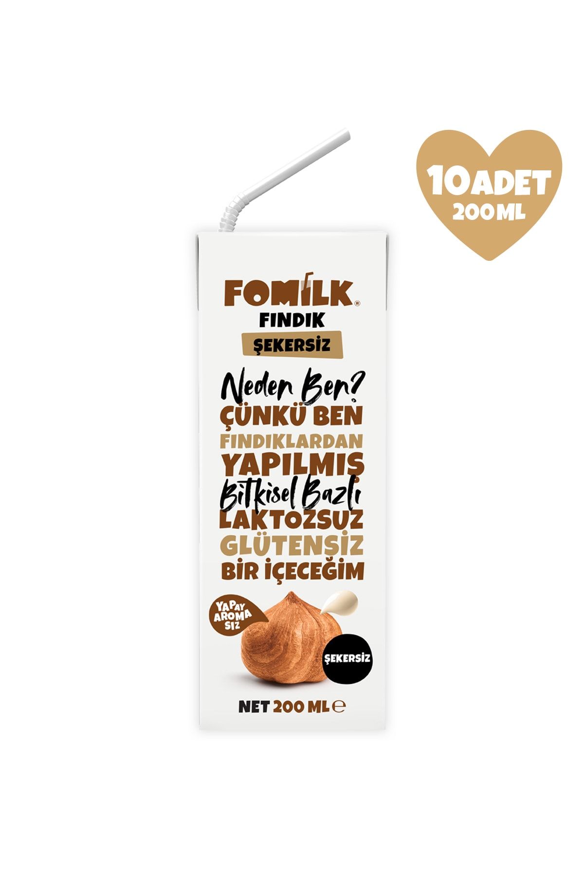 Fomilk Fındık Sütü 200 Ml X10 Glutensiz Bitkisel Bazlı Laktozsuz Vegan Şekersiz