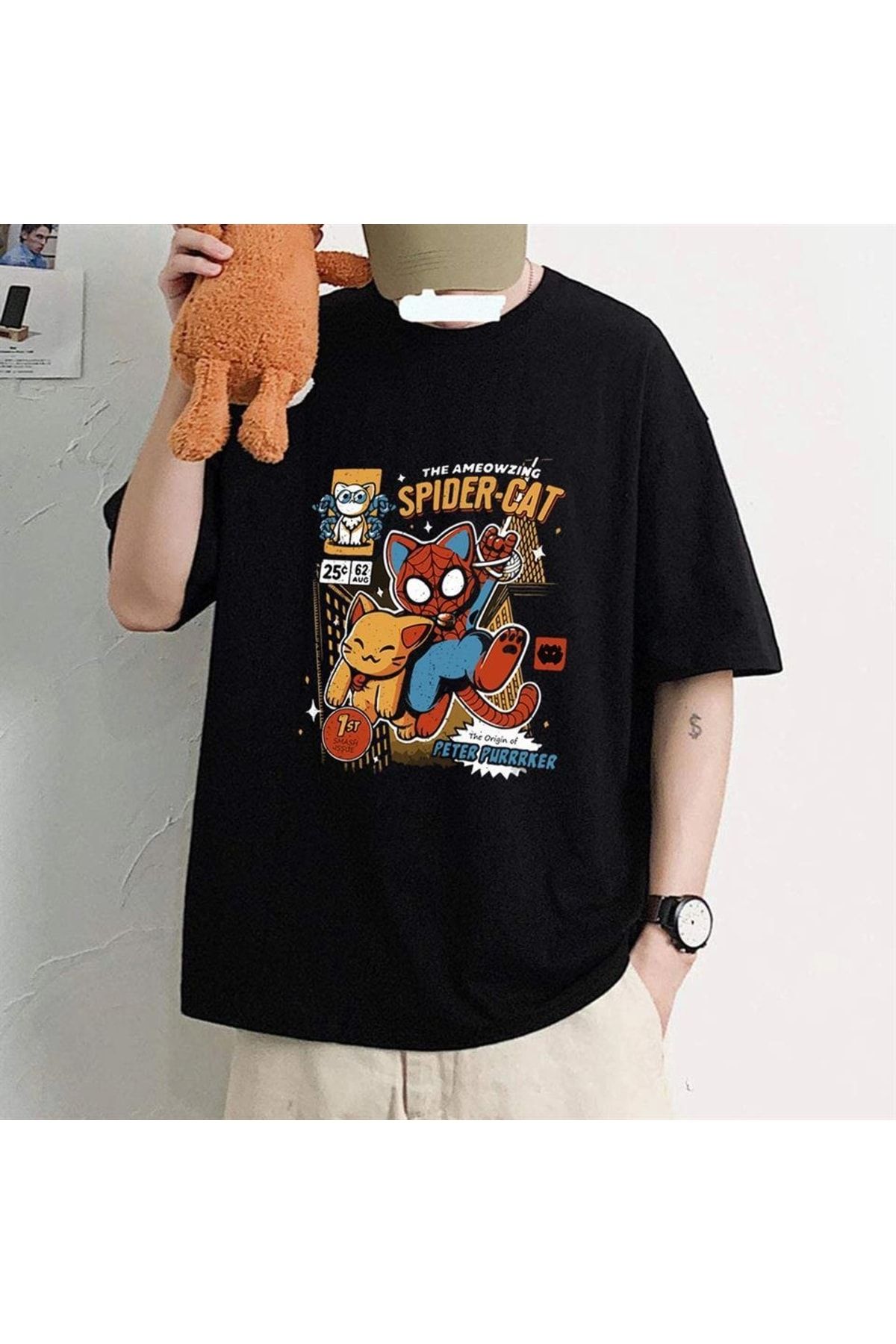 Touz Spider-cat Baskılı Siyah Unisex Oversize T-shirt