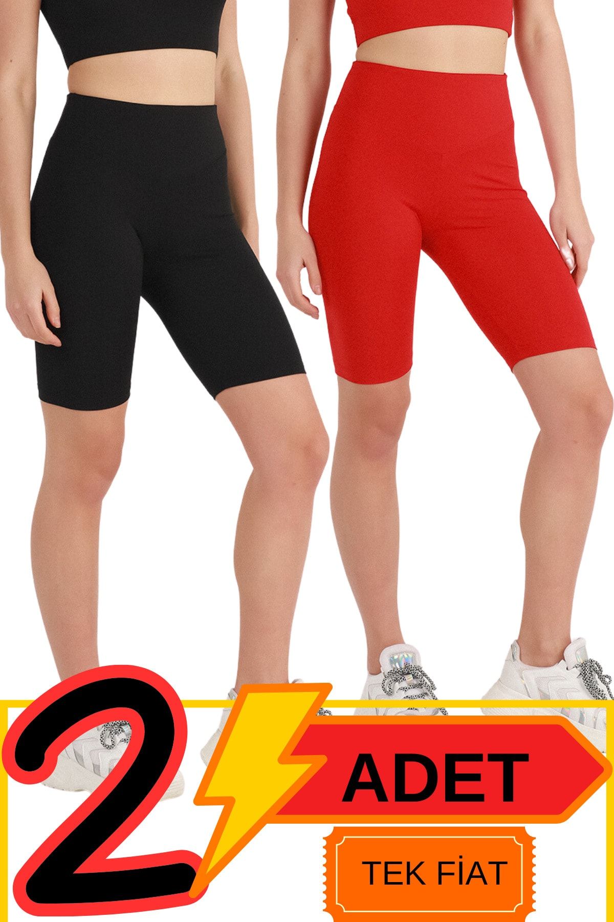 missmaral Kadın Şort Tayt Spor Ve Günlük 2'li Paket Siyah Ve Kırmızı Yüksek Bel Toparlayıcı Bikers 21070