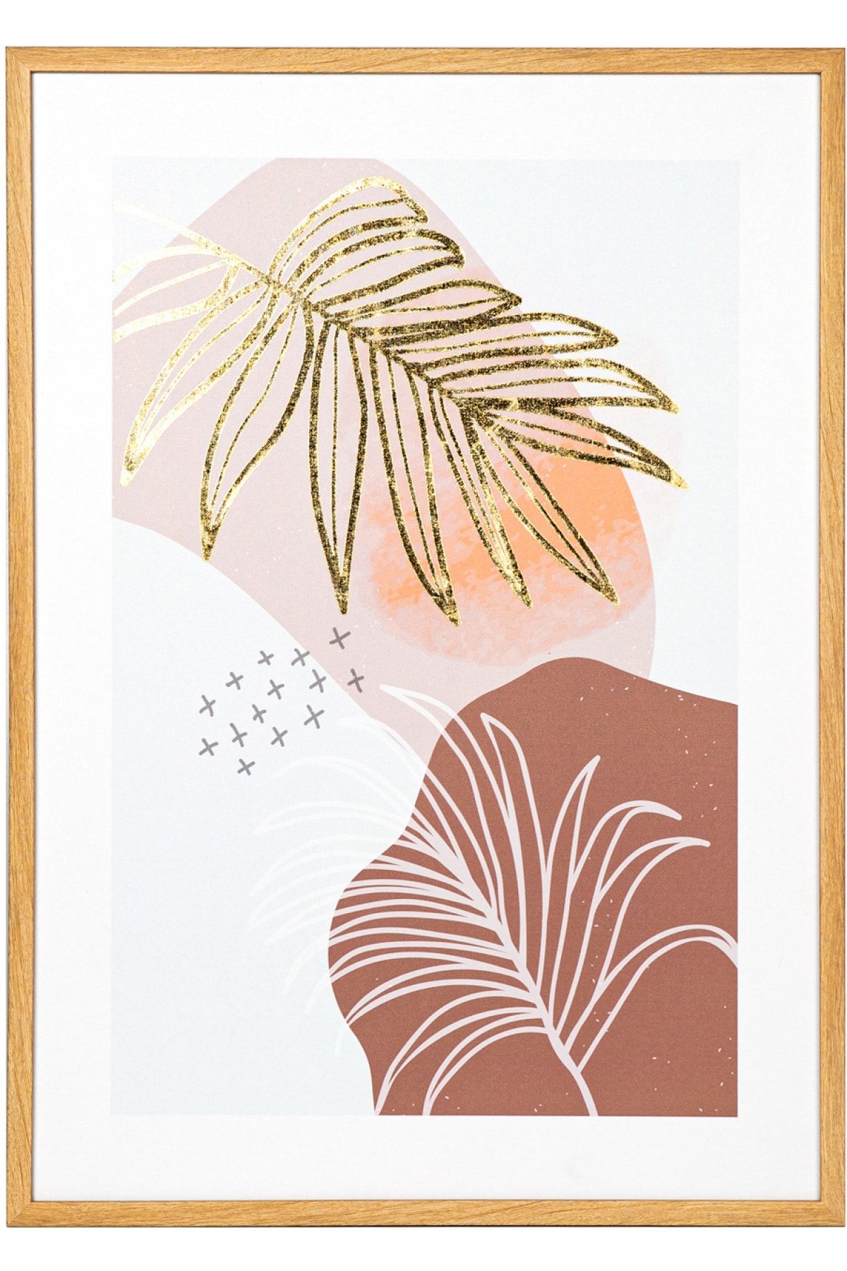 Herdekora Doğal Ahşap Çerçeveli Gold Kabartmalı Palmiye Yaprağı Mdf Üzeri Baskı Tablo Somon-kahverengi 50x2,5