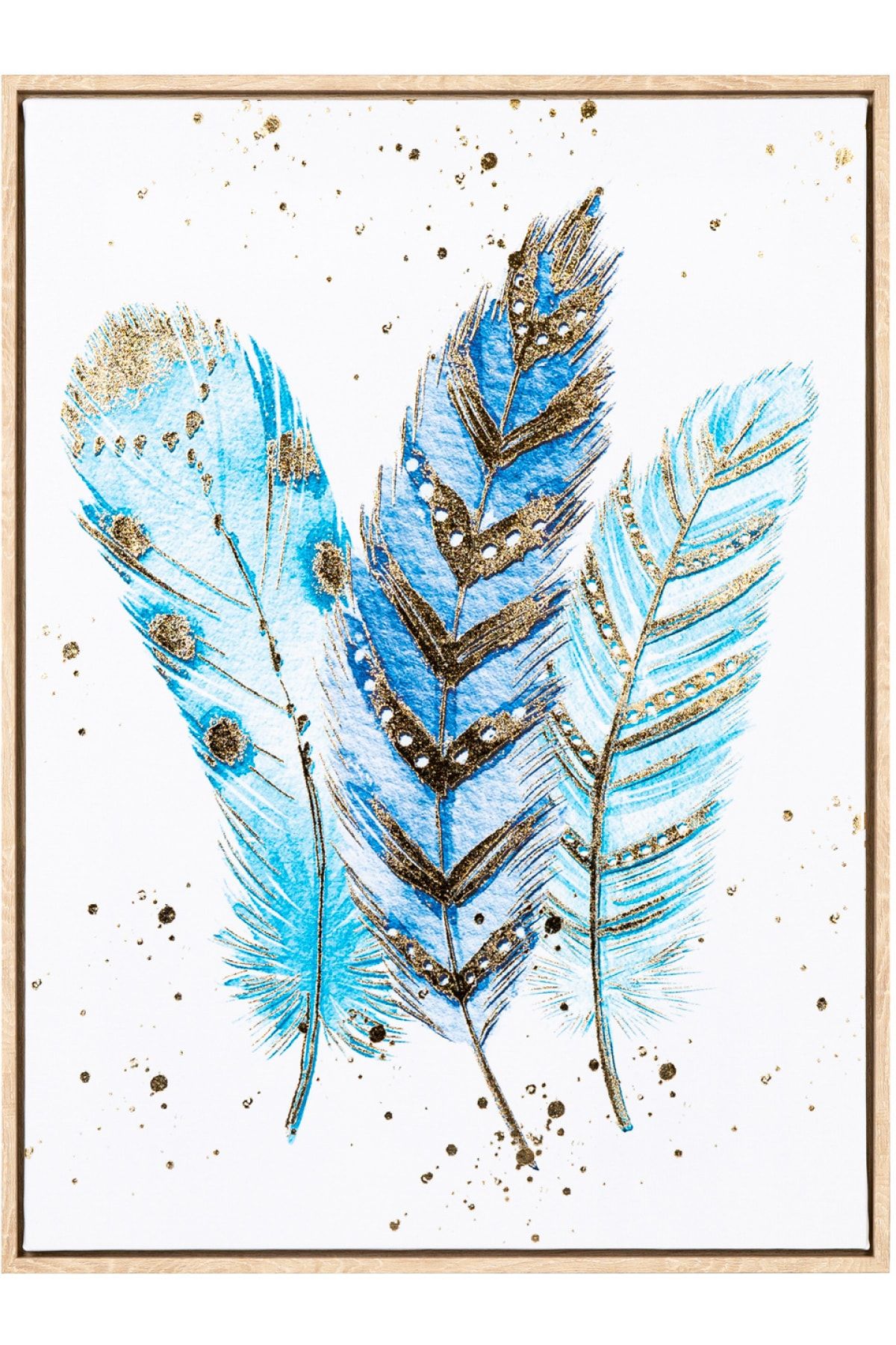 Herdekora Doğal Ahşap Çerçeveli Gold Kabartmalı Kuş Tüyü Figürlü Kanvas Tablo Mavi-beyaz 45x2,5x60 Cm.