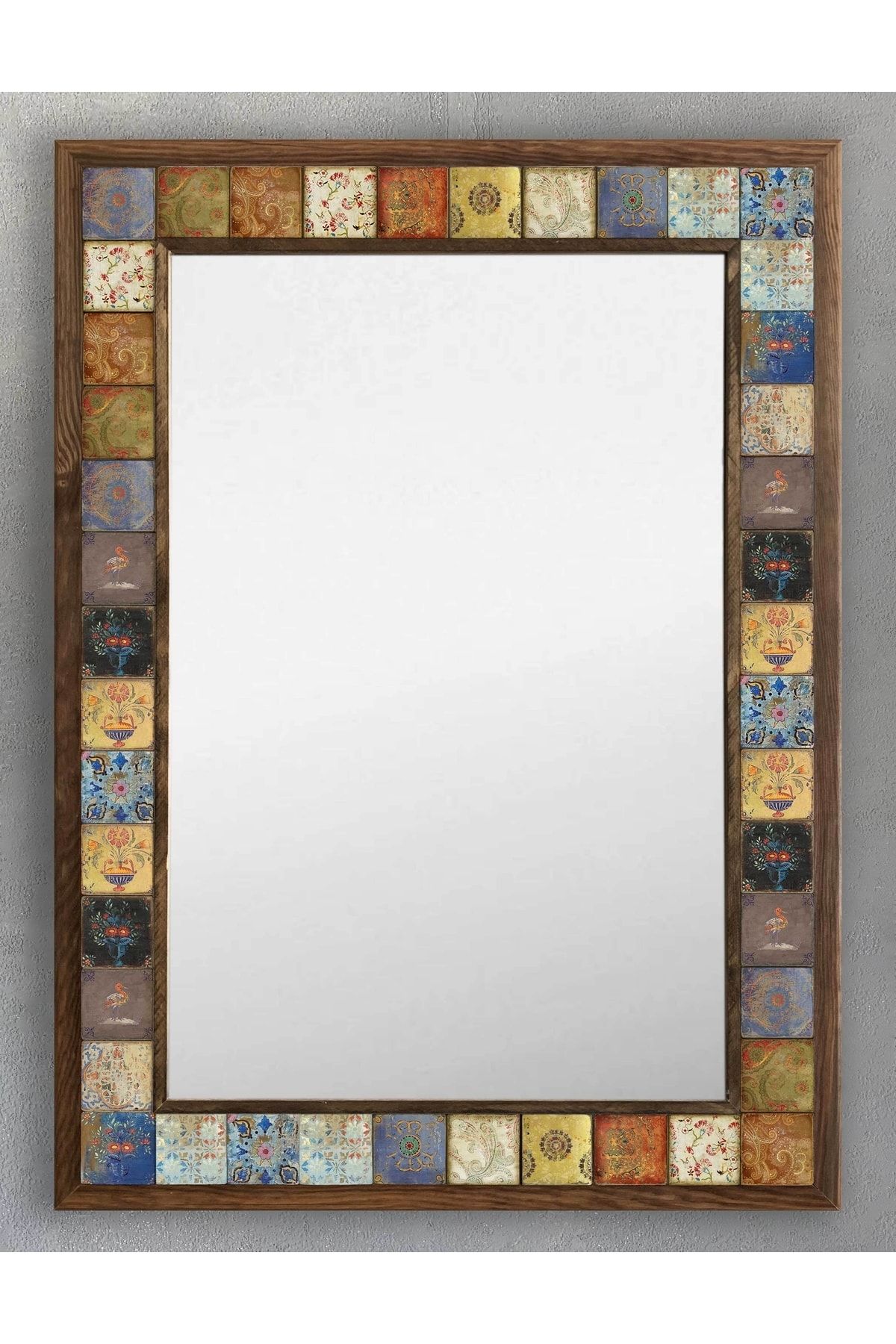 Oscar Stone Decor Ahşap Çerçeveli Mozaik (mermer) Ayna 53x73 Cm Seramik Desen-eskitme Çiçek Vintage