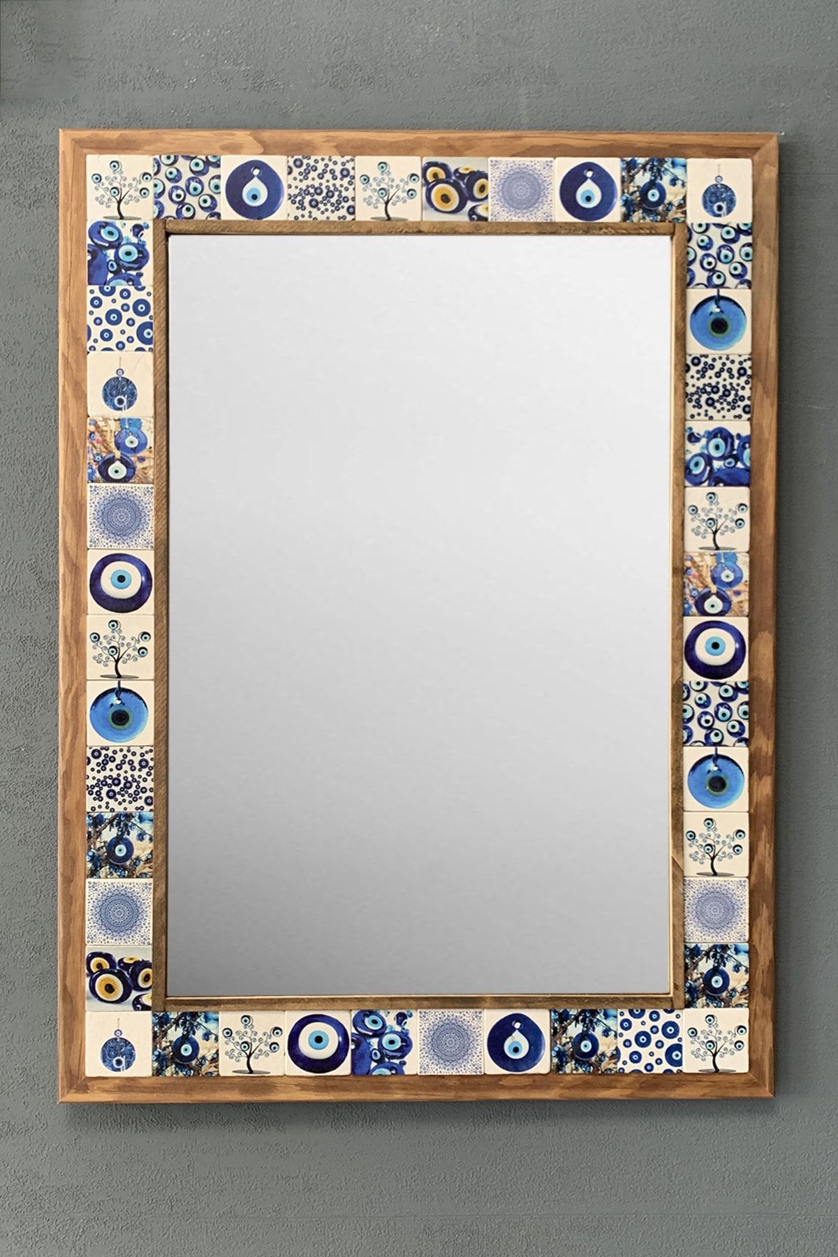 Oscar Stone Decor Masif Çerçeveli Mozaik Taş Ayna 53 Cm X 73 Cm Nazar Boncuklu Mavi Büyük Ayna
