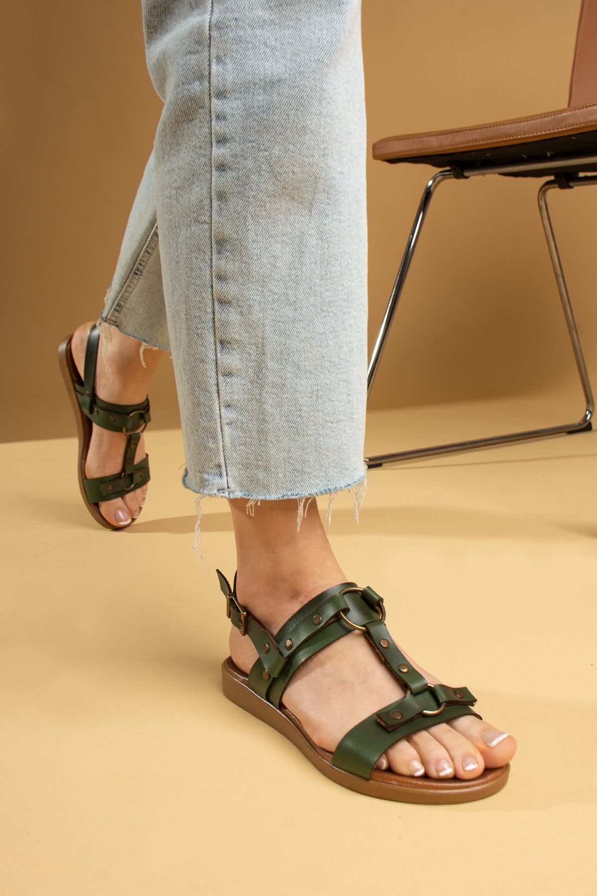 Pembe Potin Kadın Haki Rahat Poli Taban Günlük Yazlık Bodrum Stil Sandalet