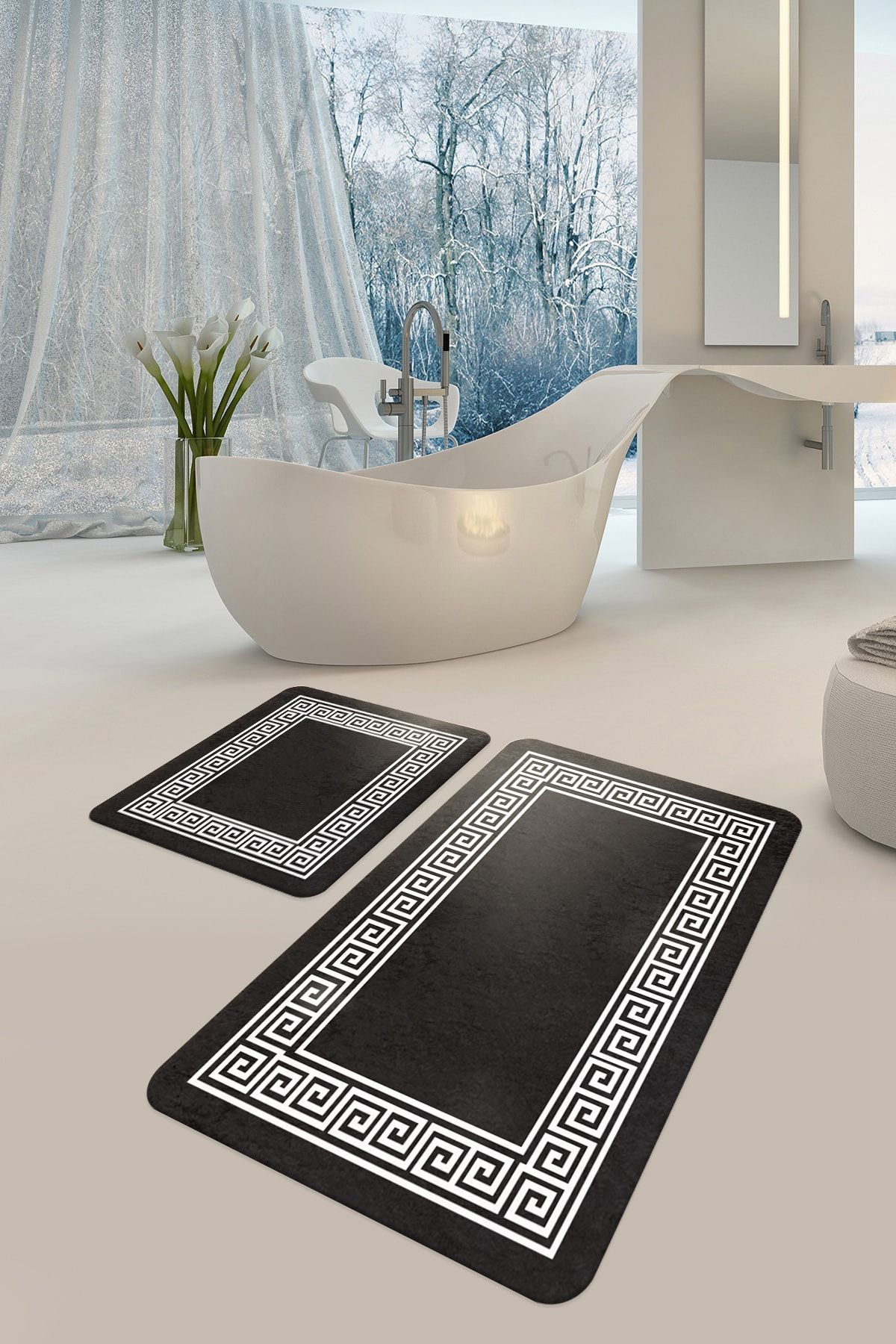 DEKOMOD Dekoratif Baskılı Banyo Set Paspas 2'li Set Kaymaz Yıkanabilir Siyah Dot Taban (60x90 Ve 50x60)