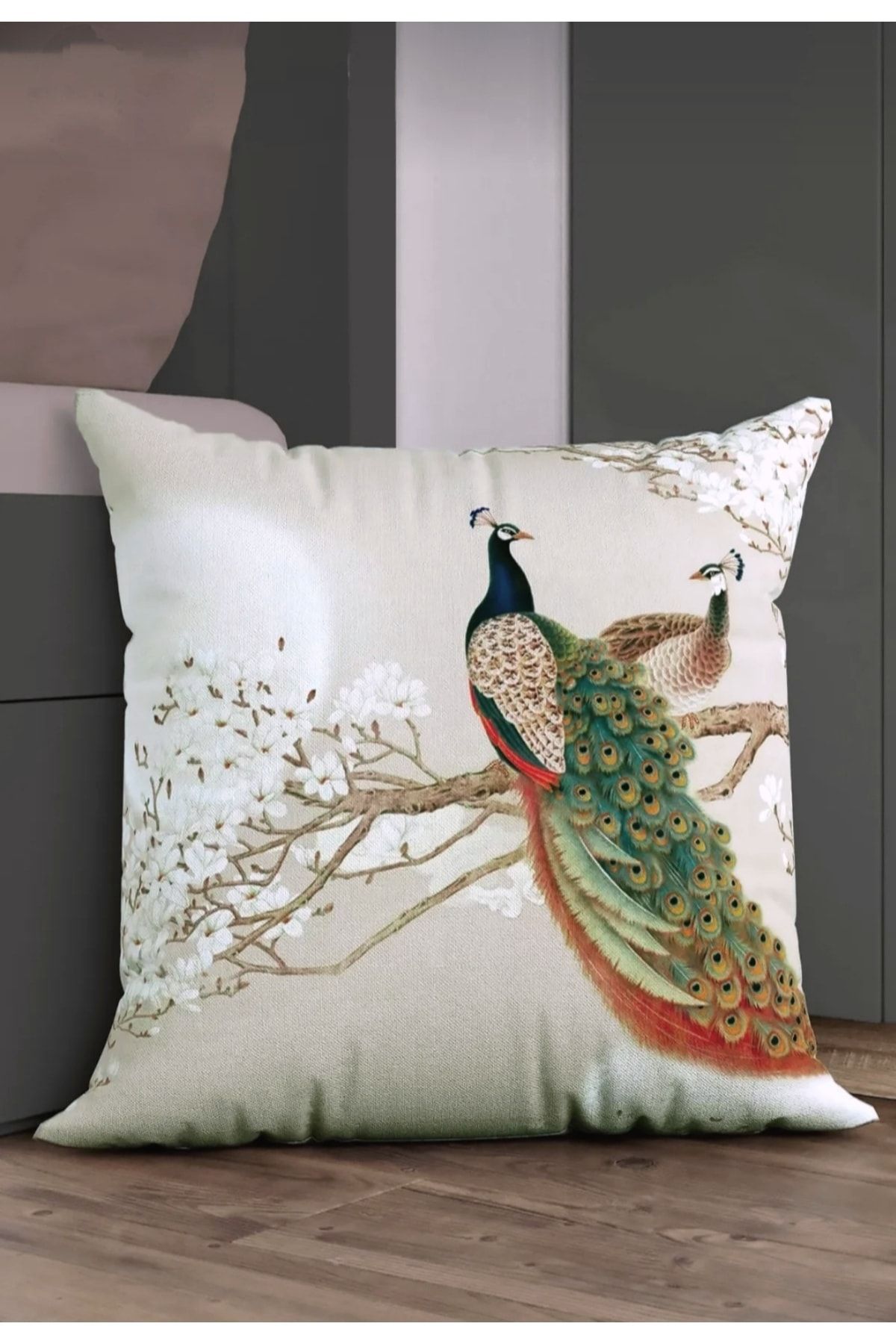 Benlisso Home Tavus Kuşu Desenli Kırlent Kılıfı Dekoratif Yastık Minder 43x43 Dijital Baskılı