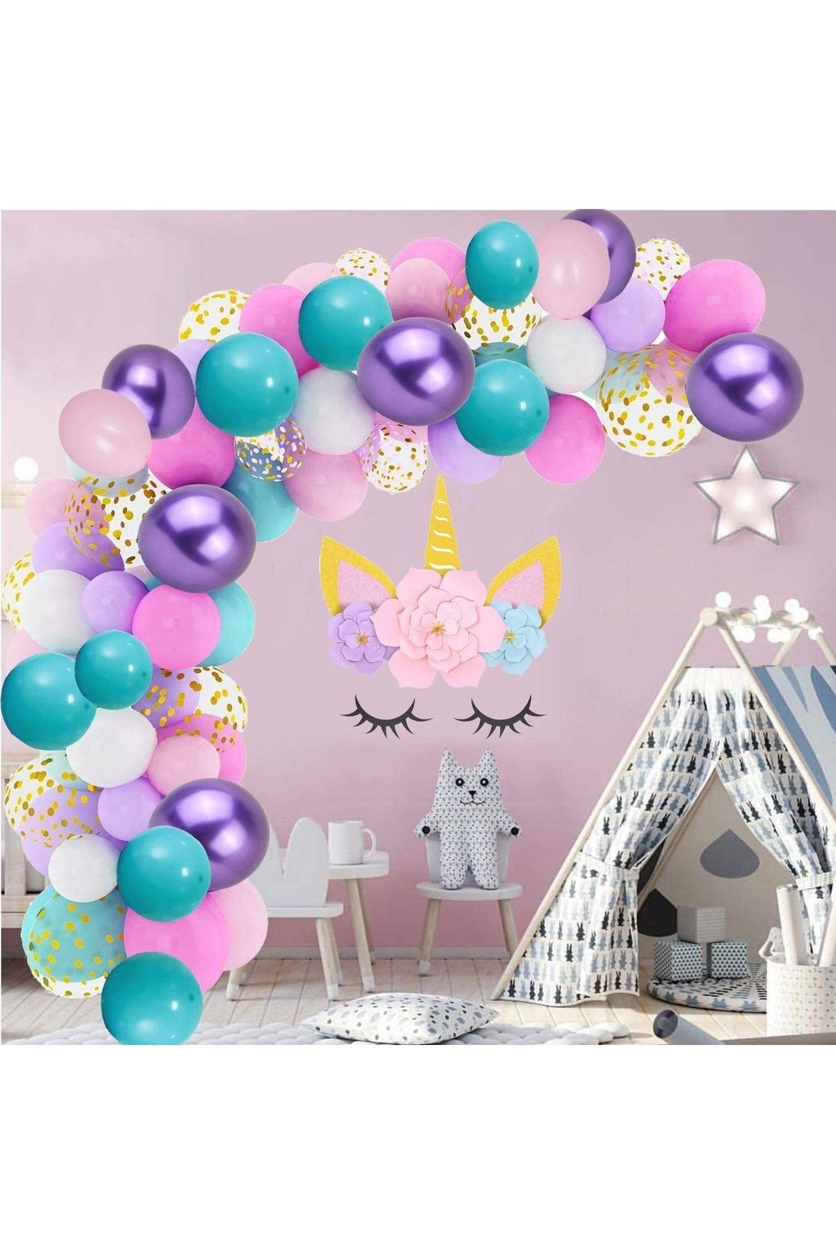 Parti Dolabı Unicorn Veya Deniz Kızı Konsept Doğum Günü Konfetili Balon Zinciri Süsleme Seti