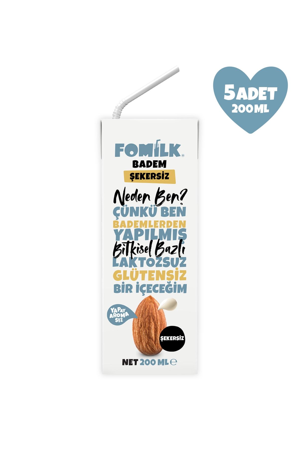 Fomilk Badem Sütü 200 Ml X5 Glutensiz Bitkisel Bazlı Laktozsuz Vegan Şekersiz