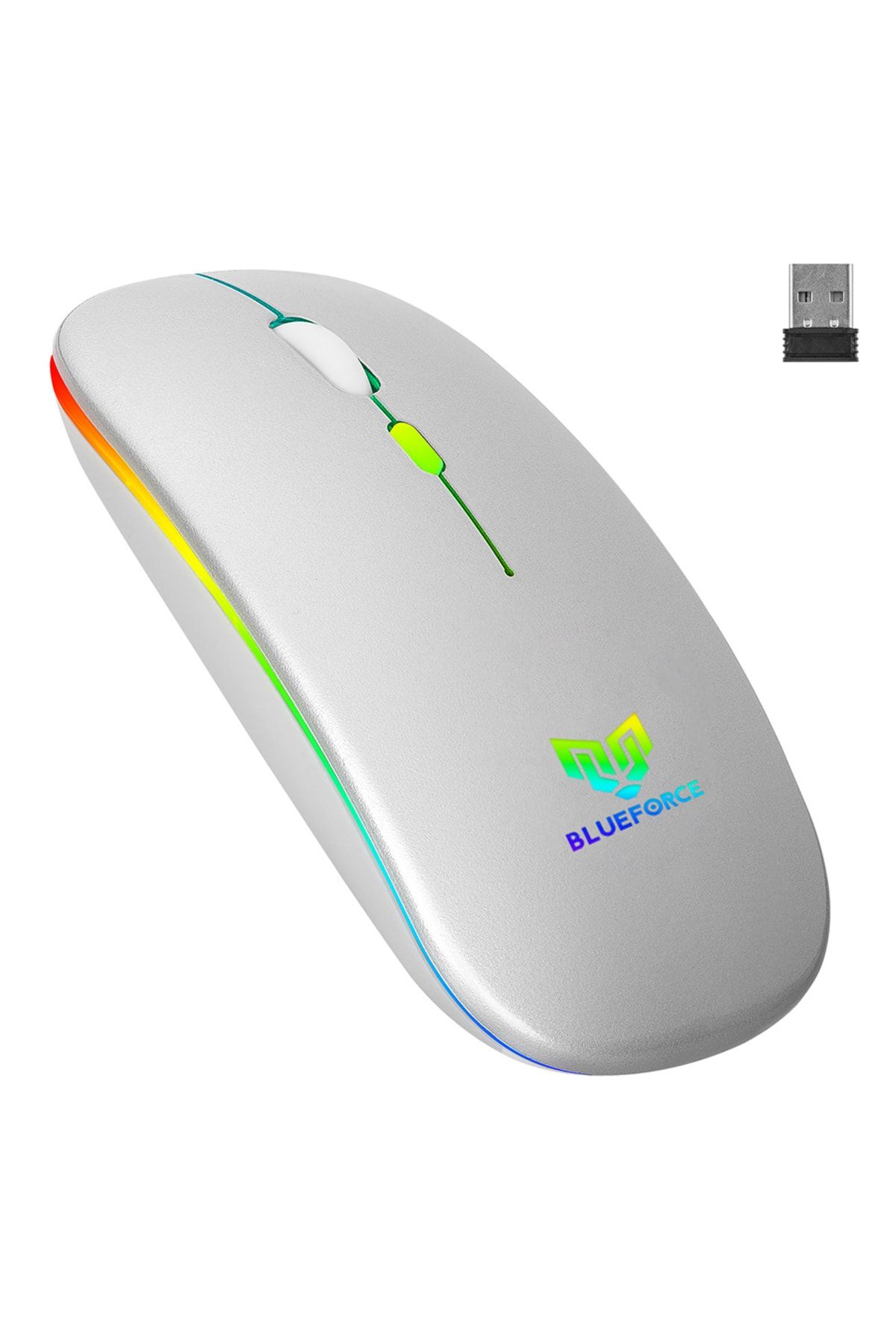 Blueforce V5.0 Bluetooth & Wireless 2,4ghz Sessiz Kablosuz Mouse Gümüş Işıklı Şarjlı Pc Laptop Tv Mac Uyumlu