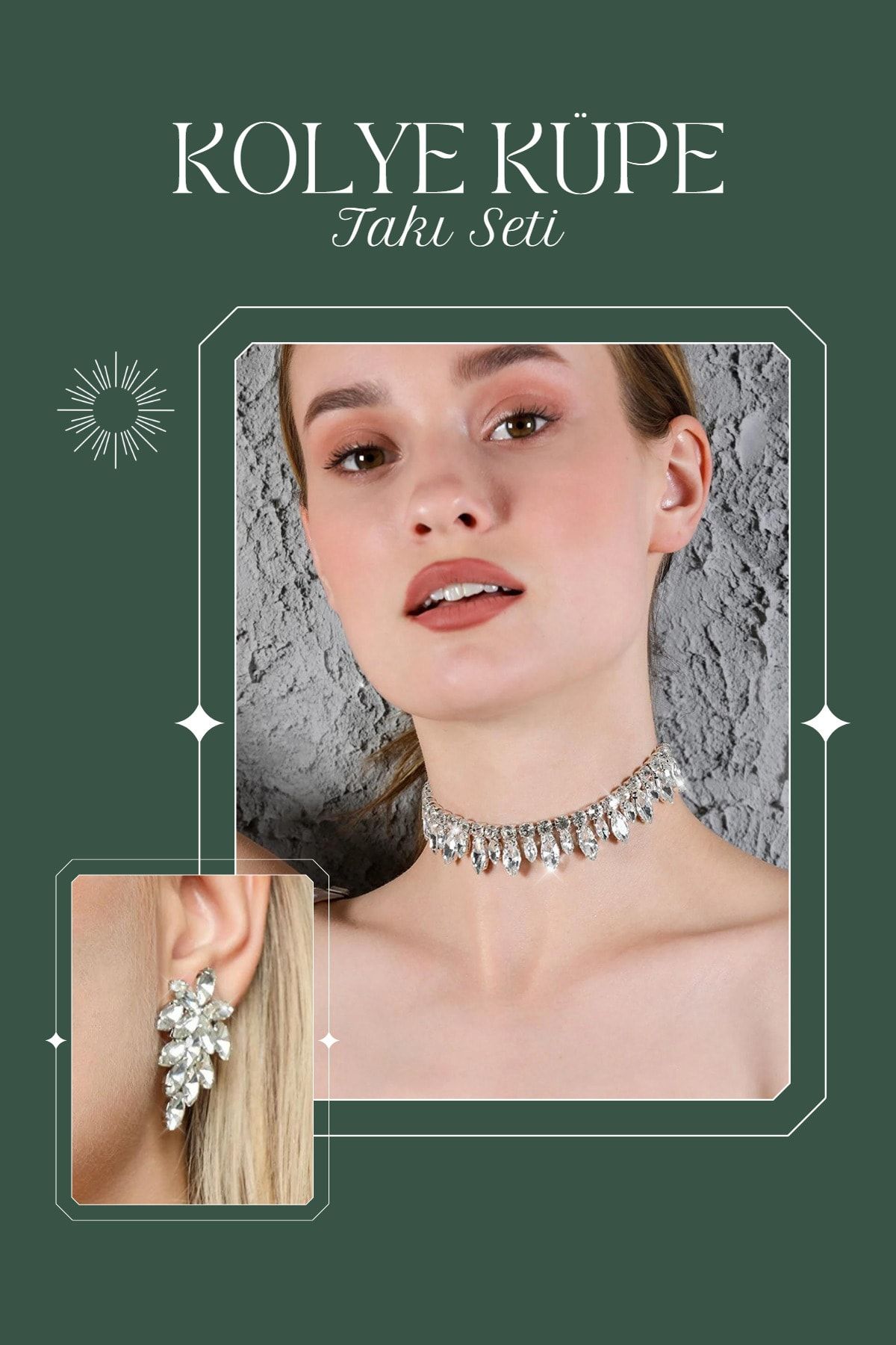 Furtek Aksesuar Kadın Lora Model Taşlı Gümüş Pırlanta Su Yolu Kolye Küpe Abiye Düğün Nişan Kına Söz Gelin Takı Seti