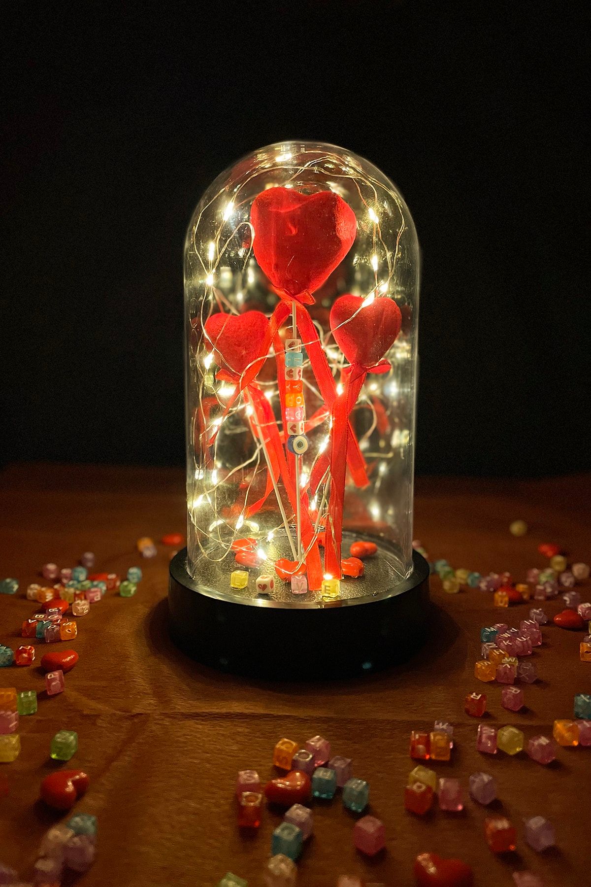 Artisticks Anneler Gününe Özel Üçlü Kalp Peri Ledli Sevgi Fanusu Lamba Usb'li Yapay Çiçek Dekoratif Hediyelik