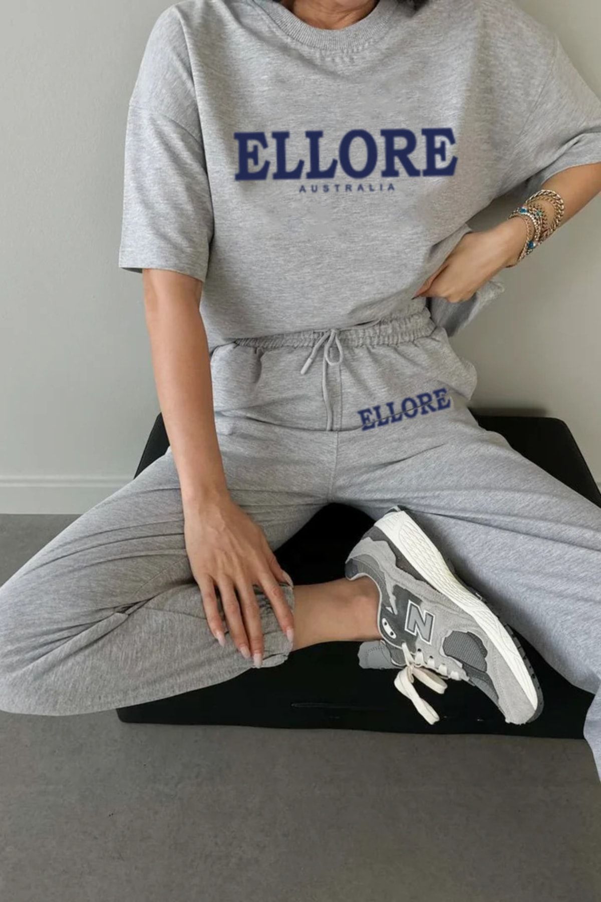 CLAYES Ellore T-shirt Eşofman Altı Jogger- Gri Baskı Alt Üst Eşofman Takımı Oversize Bisiklet Yaka