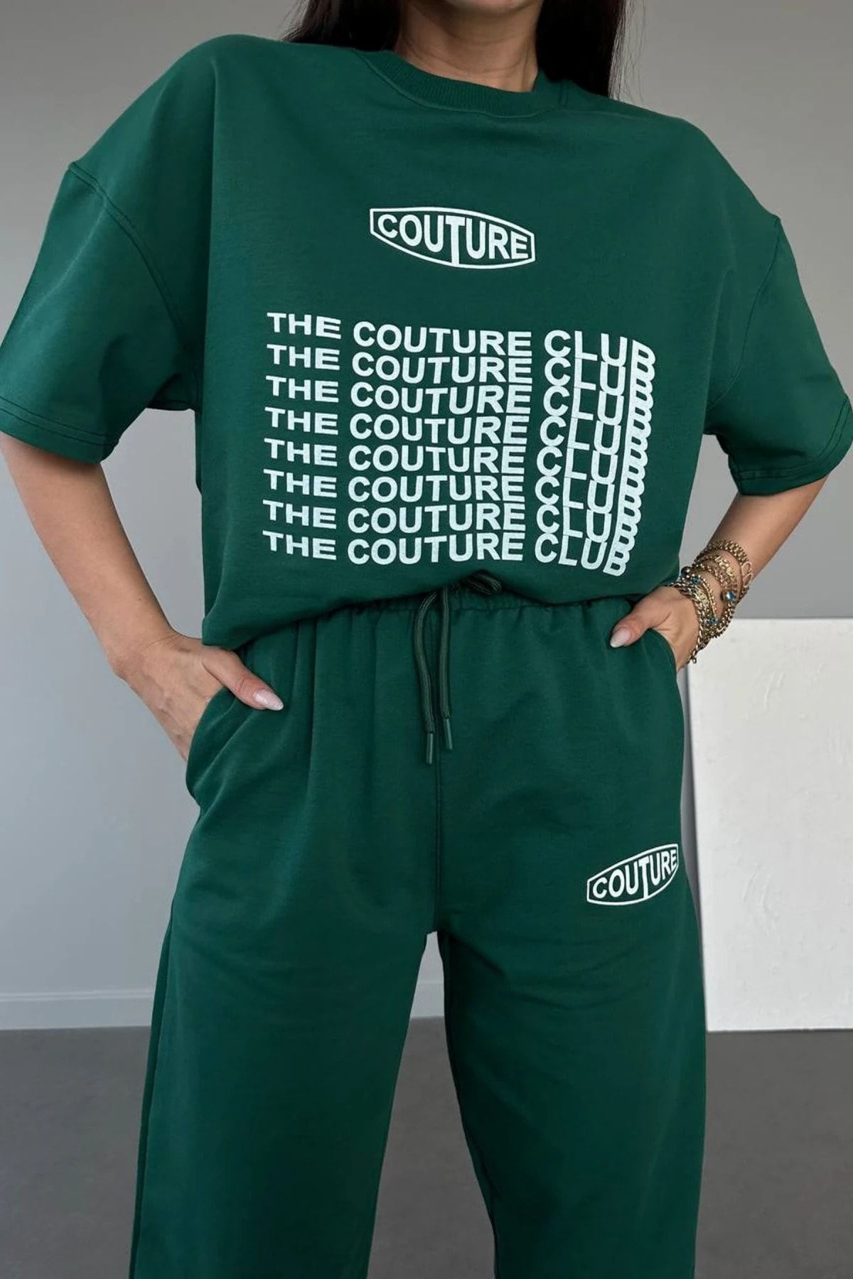 CLAYES Couture Club T-shirt Eşofman Altı Jogger- Yeşil Baskılı Alt Üst Eşofman Takım Oversize Bisiklet Yaka