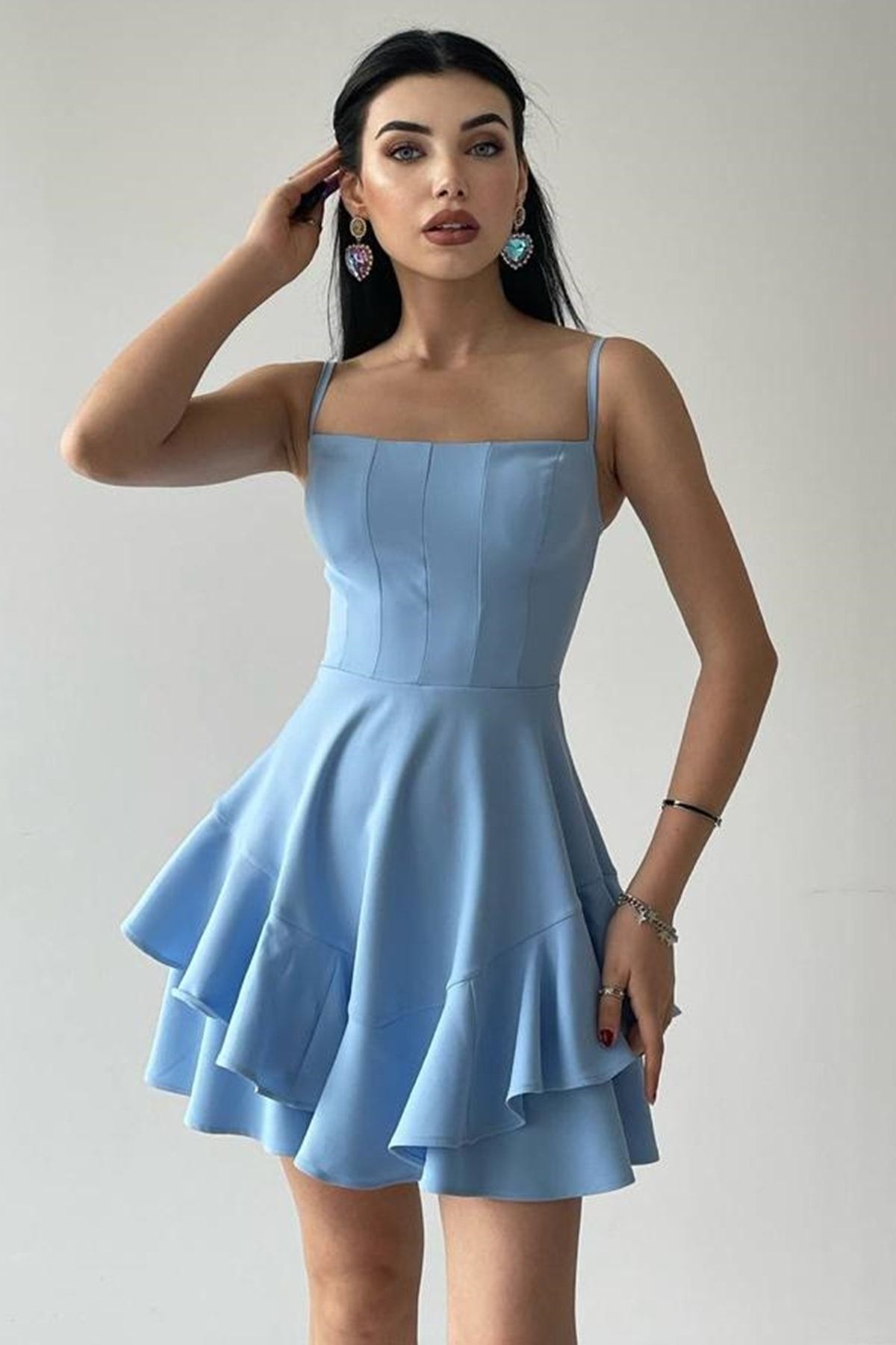 bayansepeti Atlas Kumaş Ayarlanabilir Ince Askılı Eteği Kat Detay Bebe Mavi Elbise Nişan Elbisesi 102