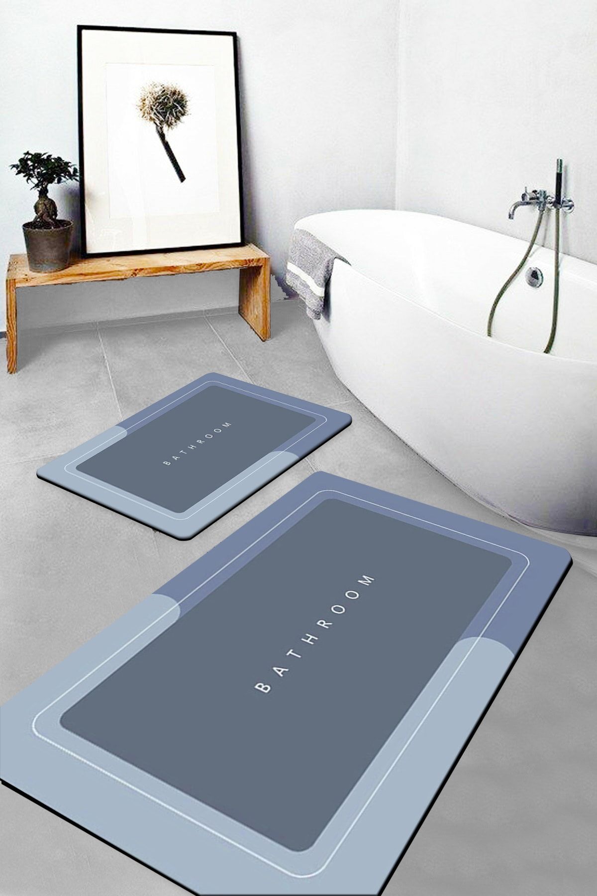 Else Halı Else Mavi Bathroom Yazılı Desenli Yıkanabilir Kaymaz Taban 2li Banyo Halısı Paspas Klozet Takımı