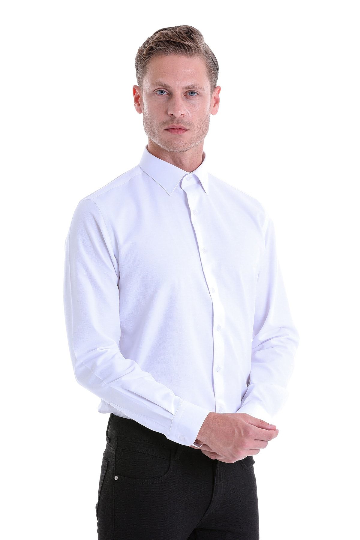 Hatemoğlu Beyaz Comfort Fit Uzun Kol Pamuklu Desenli Gömlek