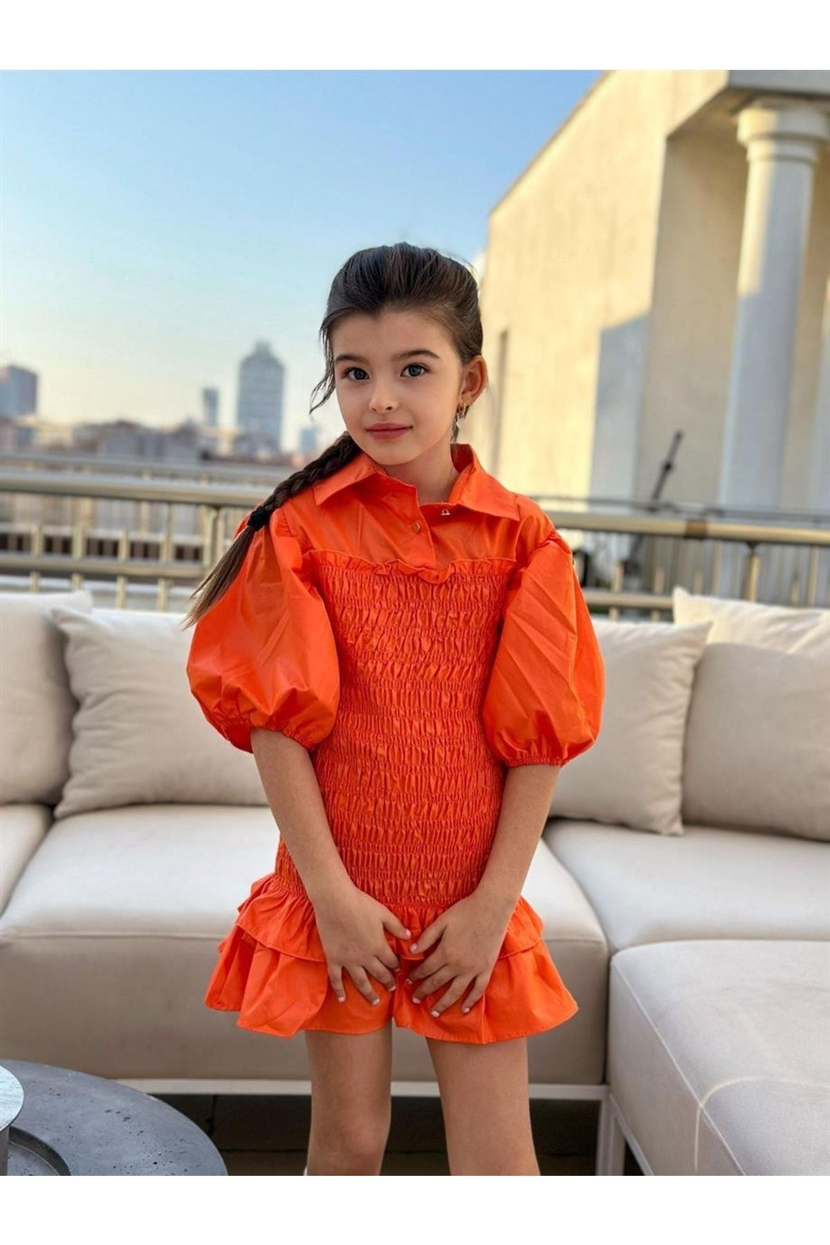 Hilal Akıncı Kids Kız Çocuk Balon Kollu Gipe Beden Fırfırlı Elbise