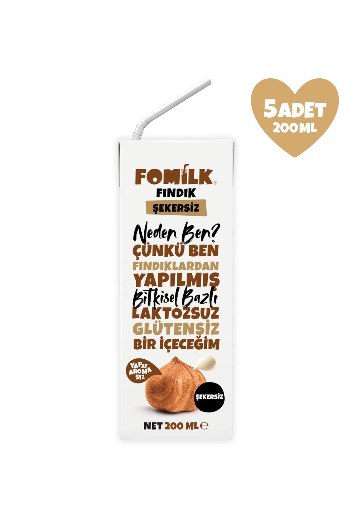 Fomilk Fındık Sütü 200 Ml X5 Glutensiz Bitkisel Bazlı Laktozsuz Vegan Şekersiz