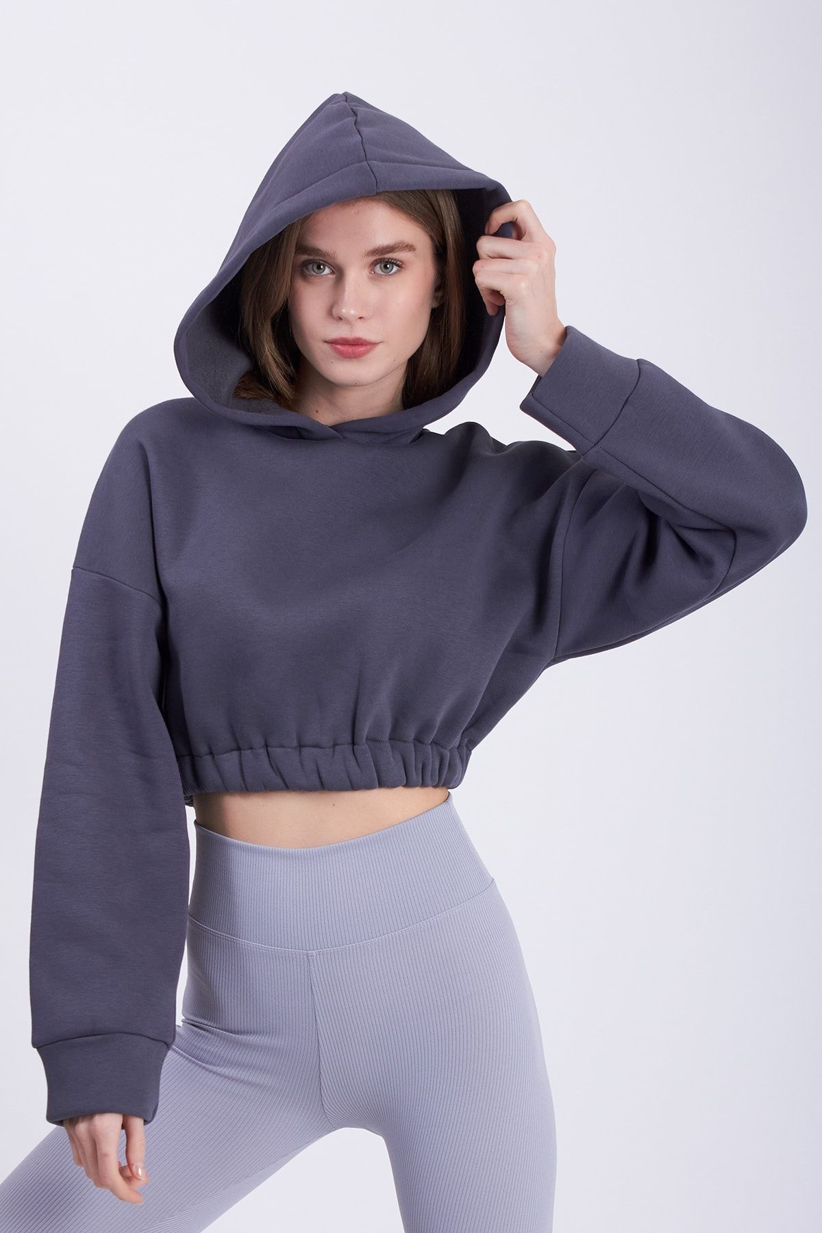 Baluxe Kadın Gri Şardonlu Oversize Crop Sweatshirt