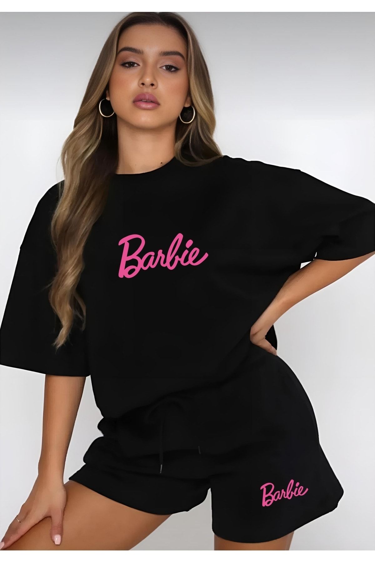 ALİKA Kadın Siyah Barbie Baskı Şort Takım